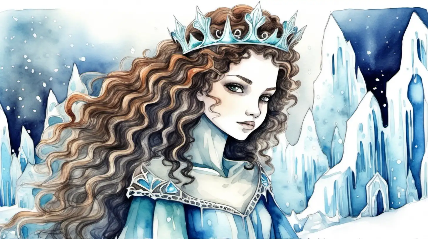 Ice queen with curly brown hair in her kingdom of ice watercolor childhood style drawing full picture

