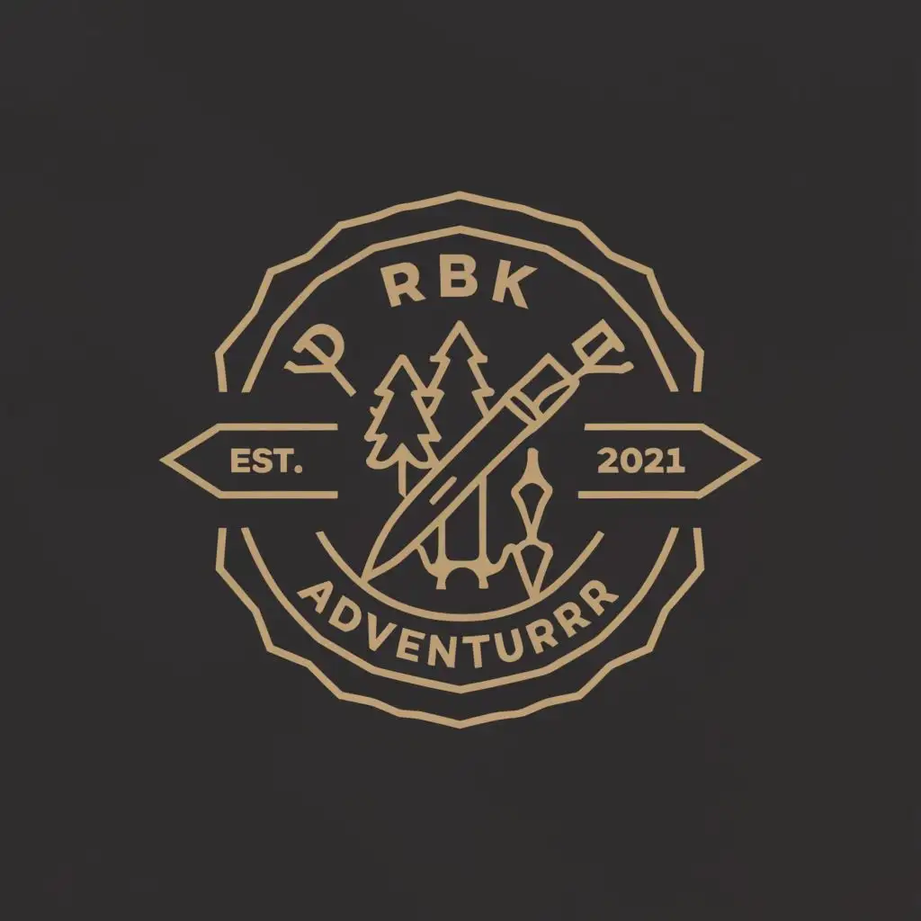a logo design,with the text "RBK THE ADVENTURER", main symbol:knife & adventure,Minimalistic,be used in Restaurant industry,clear background