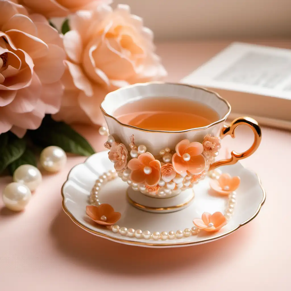 china tea cup and saucer filled with pearls and flowers. peach orange aesthetic, cinematic