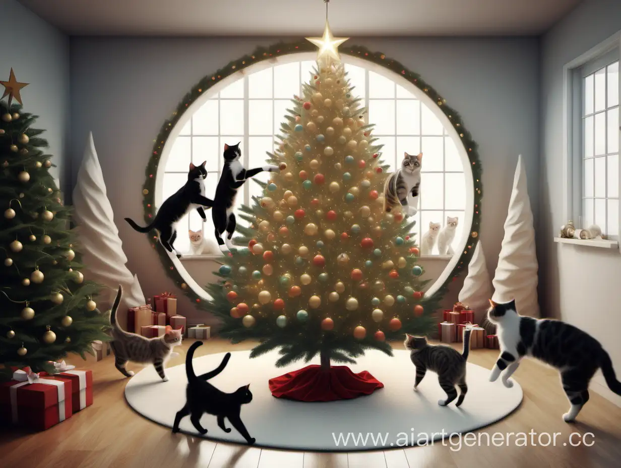 Festive-Felines-Engage-in-a-Whimsical-Christmas-Tree-Dance