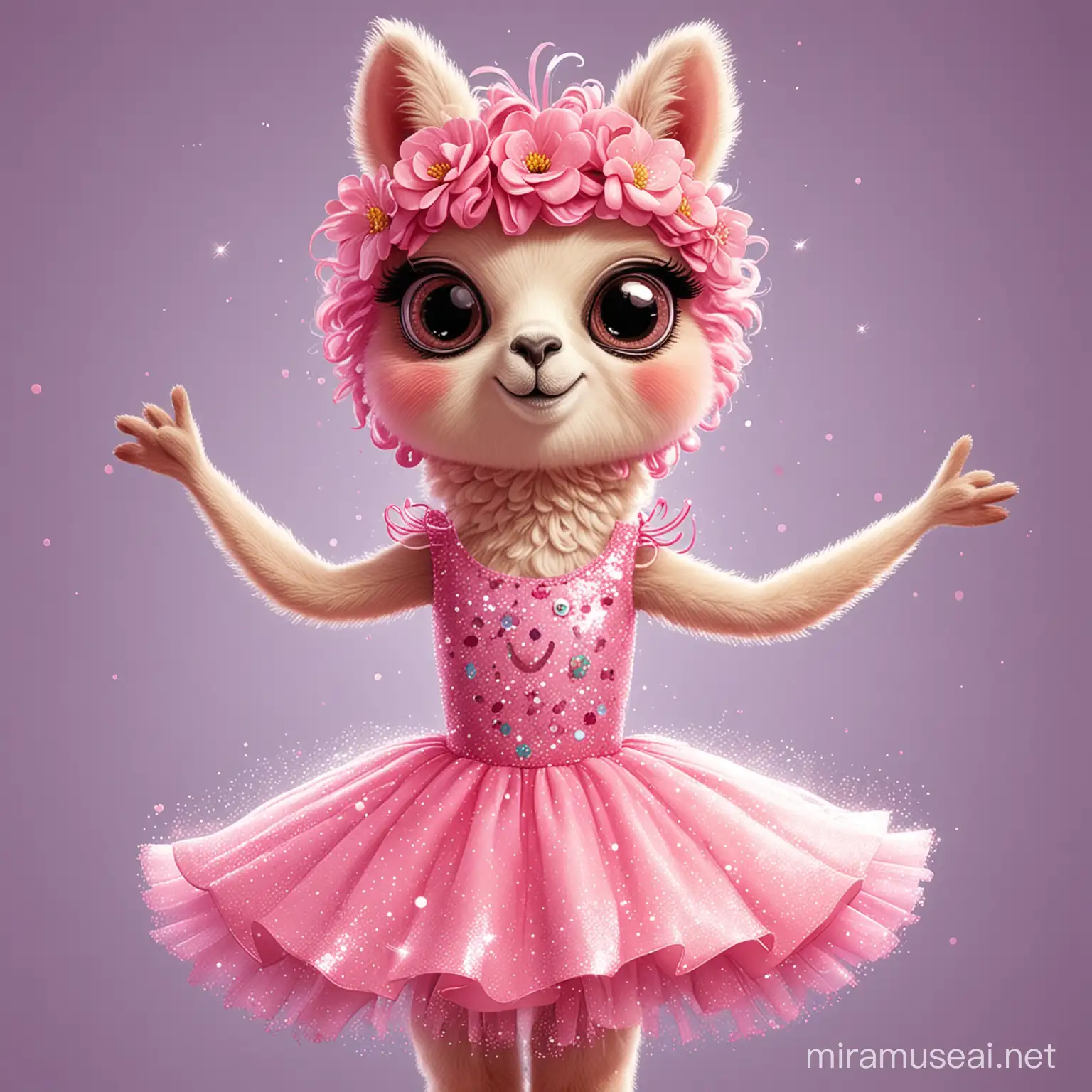 Llama animal,bailarina,color rosa, cartoon,vestido purpurina,ojos grandes,dibujo animado,alegre,colores brillantes