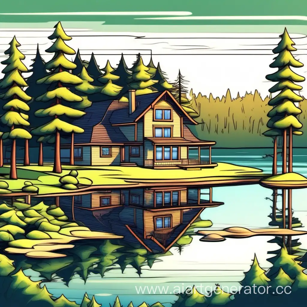 дом у озера рядом с сосновым лесом, мультяшный стиль 