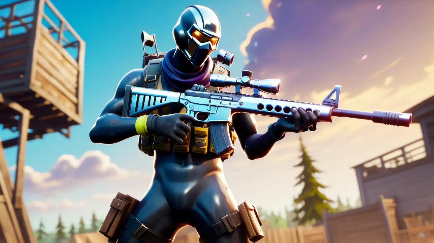 chrome pump character from  fortnite  shooting a  rifle