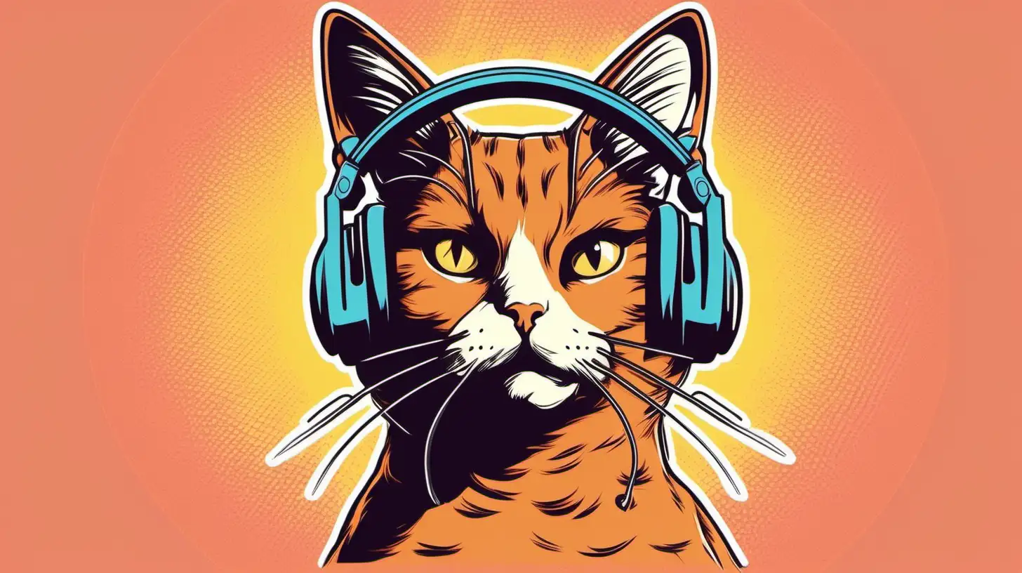 Generate an image of a Cat winking and wearing headphones as a podcaster. Give it a 1970s-style illustration. Make the cat intrigued. Then, hold and adjust the headphones. 