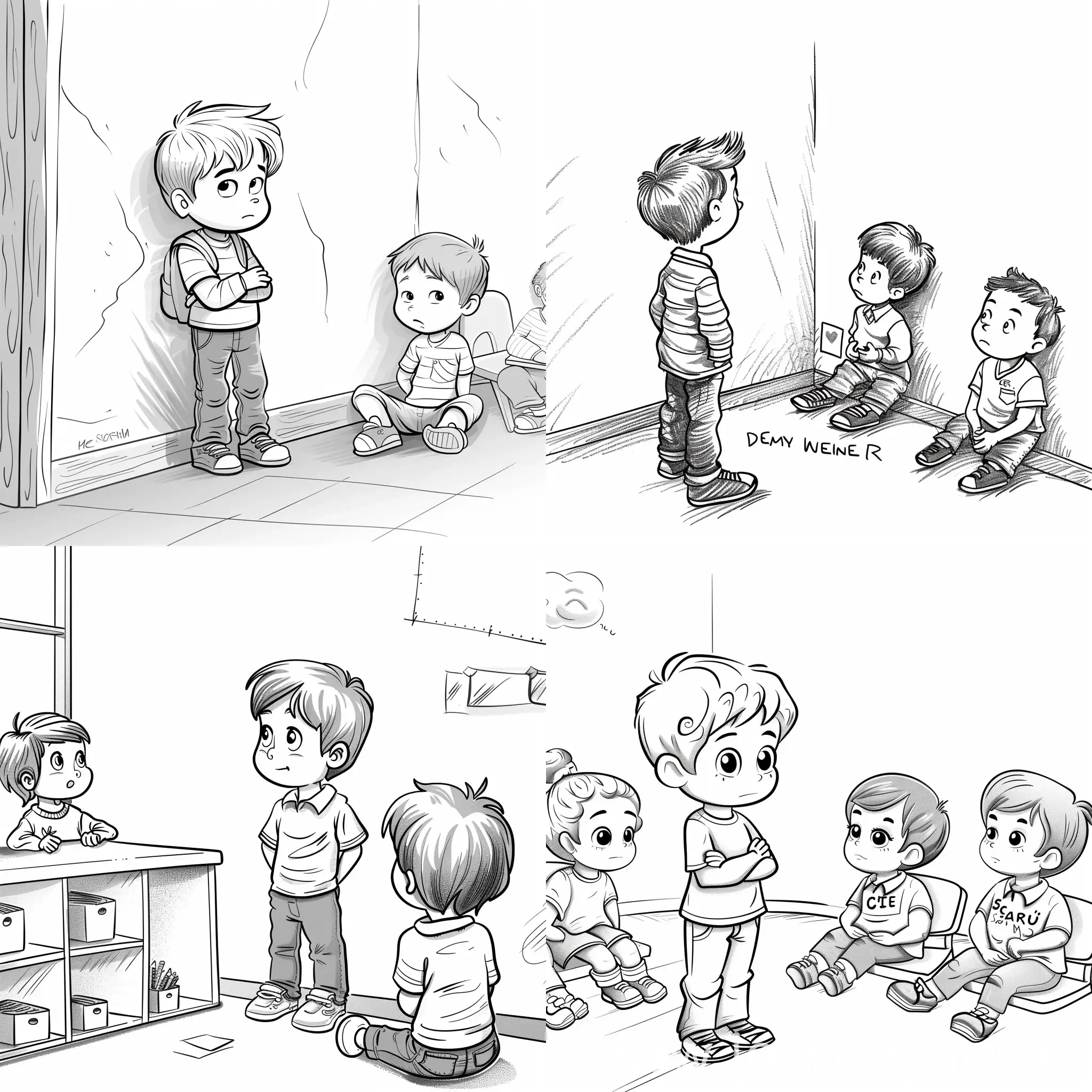 little boy standing in the corner of his class and observe other children, colorbook, cartoon style, black and white