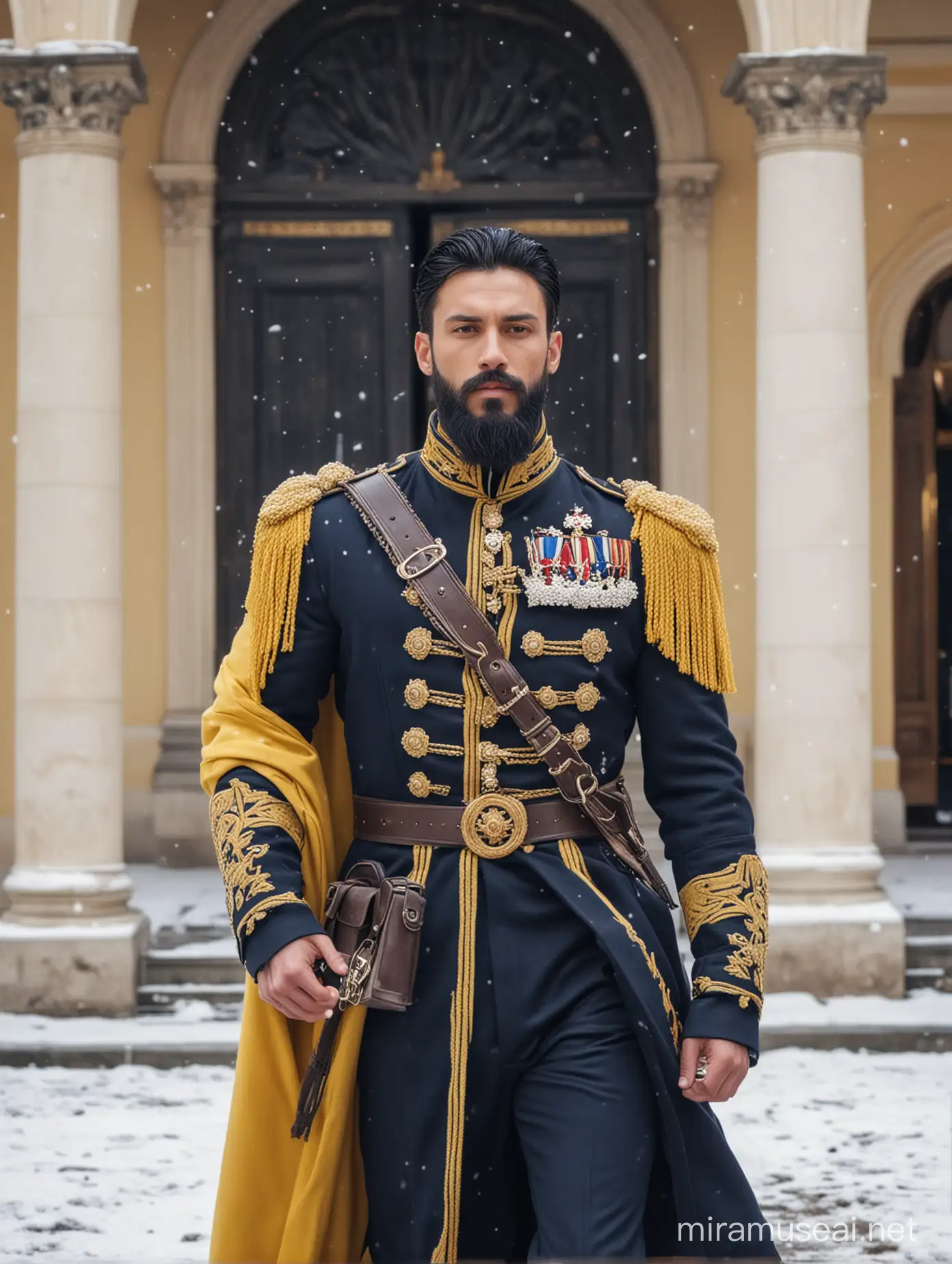 Tall and handsome muscular king with beautiful black hairstyle and beard with attractive eyes and Big wide shoulder in Navy cavalry suit with Coat walking out on yellow carpet outside snowy palace