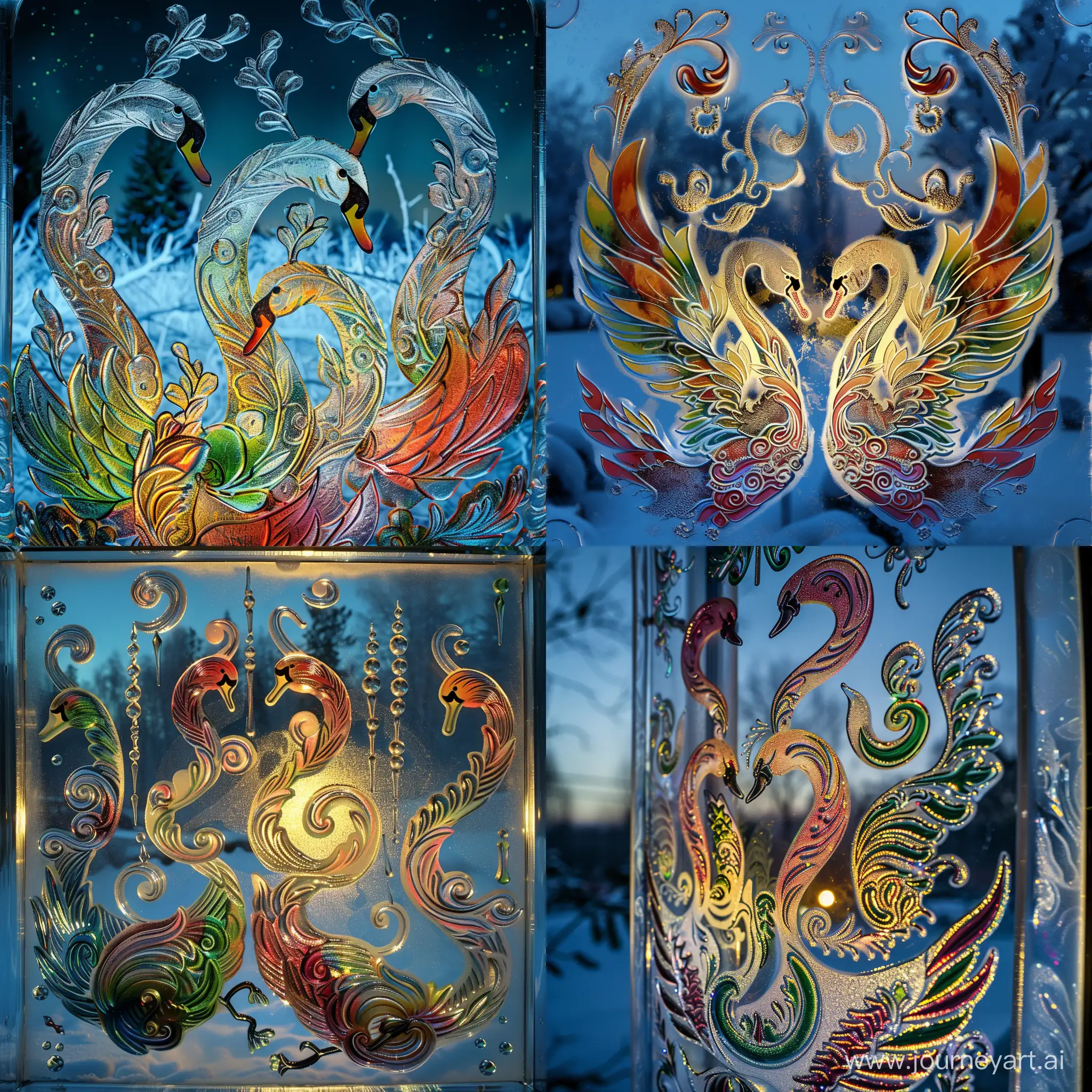 Enchanting-Frosted-Glass-Window-with-Colorful-Swan-Patterns-in-Winter-Night-Sky