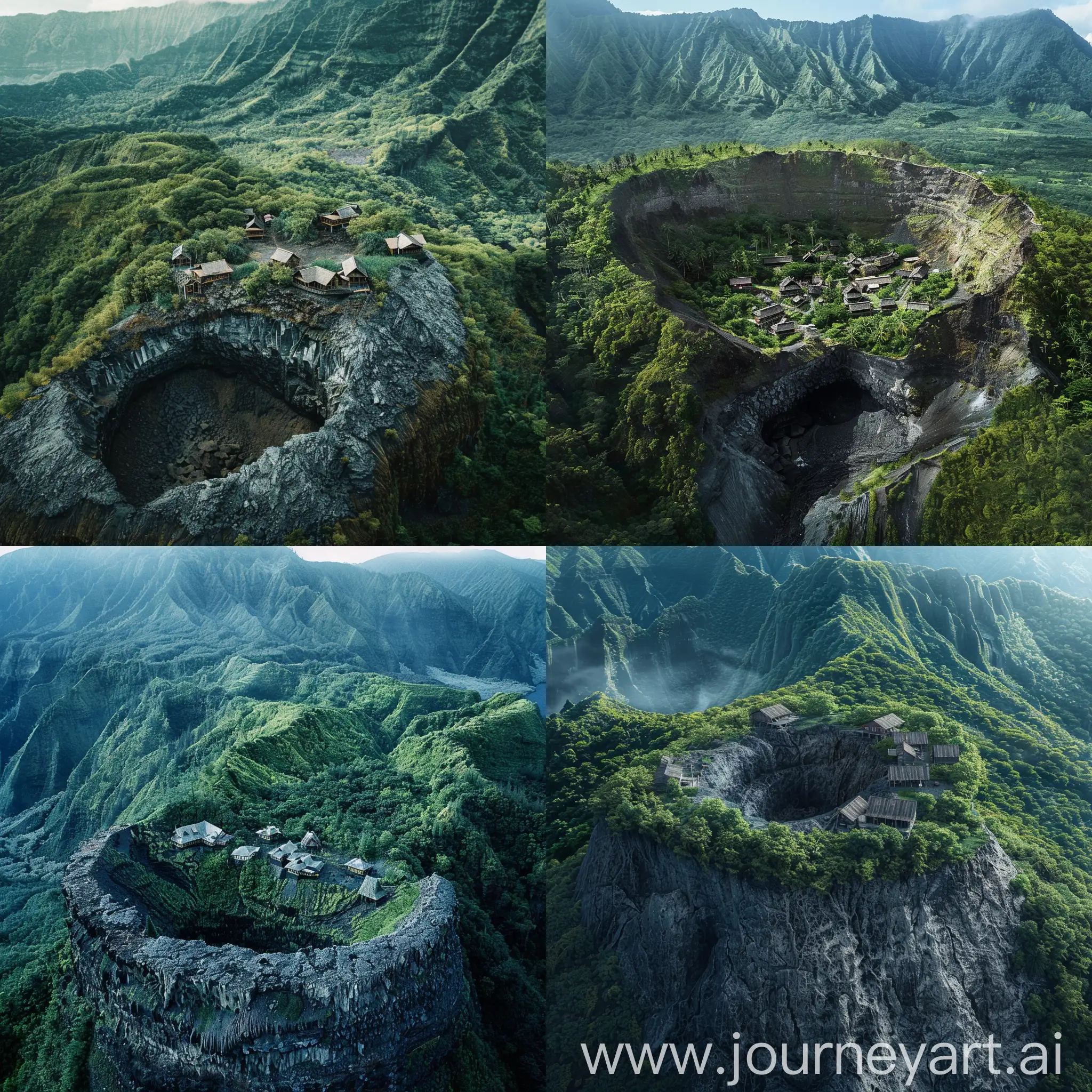 Timber-Village-atop-Dormant-Volcano-Surrounded-by-Lush-Forest