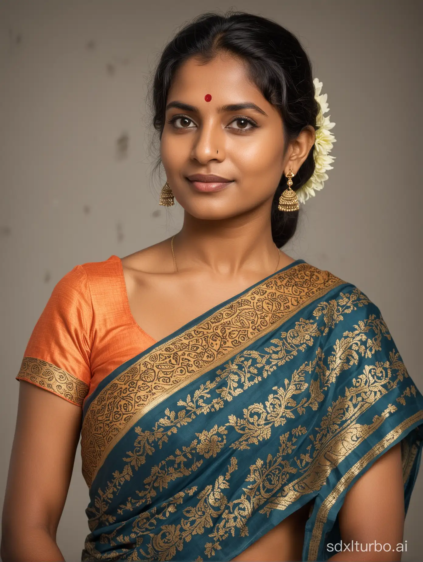 Portrait of a Sri Lankan woman wearing a saree, high quality, photography, full details