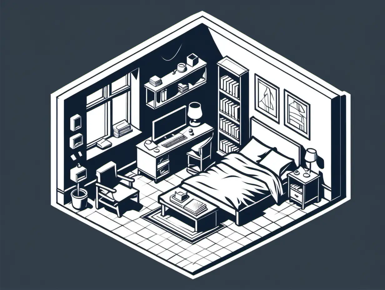 big wide, dirty room icon image to be used in the application logo, big, isometric icon style, black outlines  ,white color only, for coloring page, white background, more detail