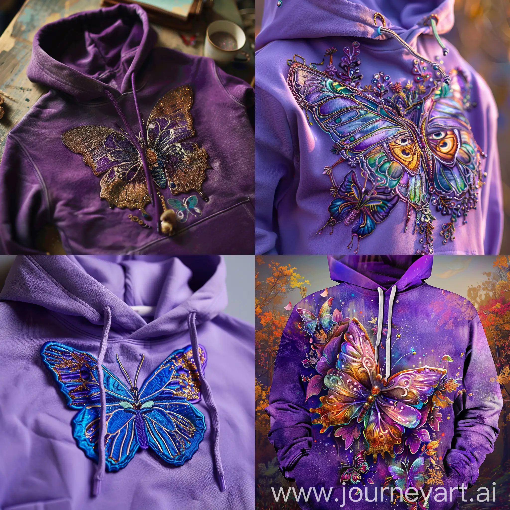 The image shows a purple hoodie with a butterfly design on it. The hoodie appears to be made of a soft, comfortable fabric. The butterfly design is detailed and colorful, adding a stylish and creative touch to the garment. The image may also include additional details such as the texture of the hoodie fabric, the presence of any embellishments or patterns, and the overall style of the garment.