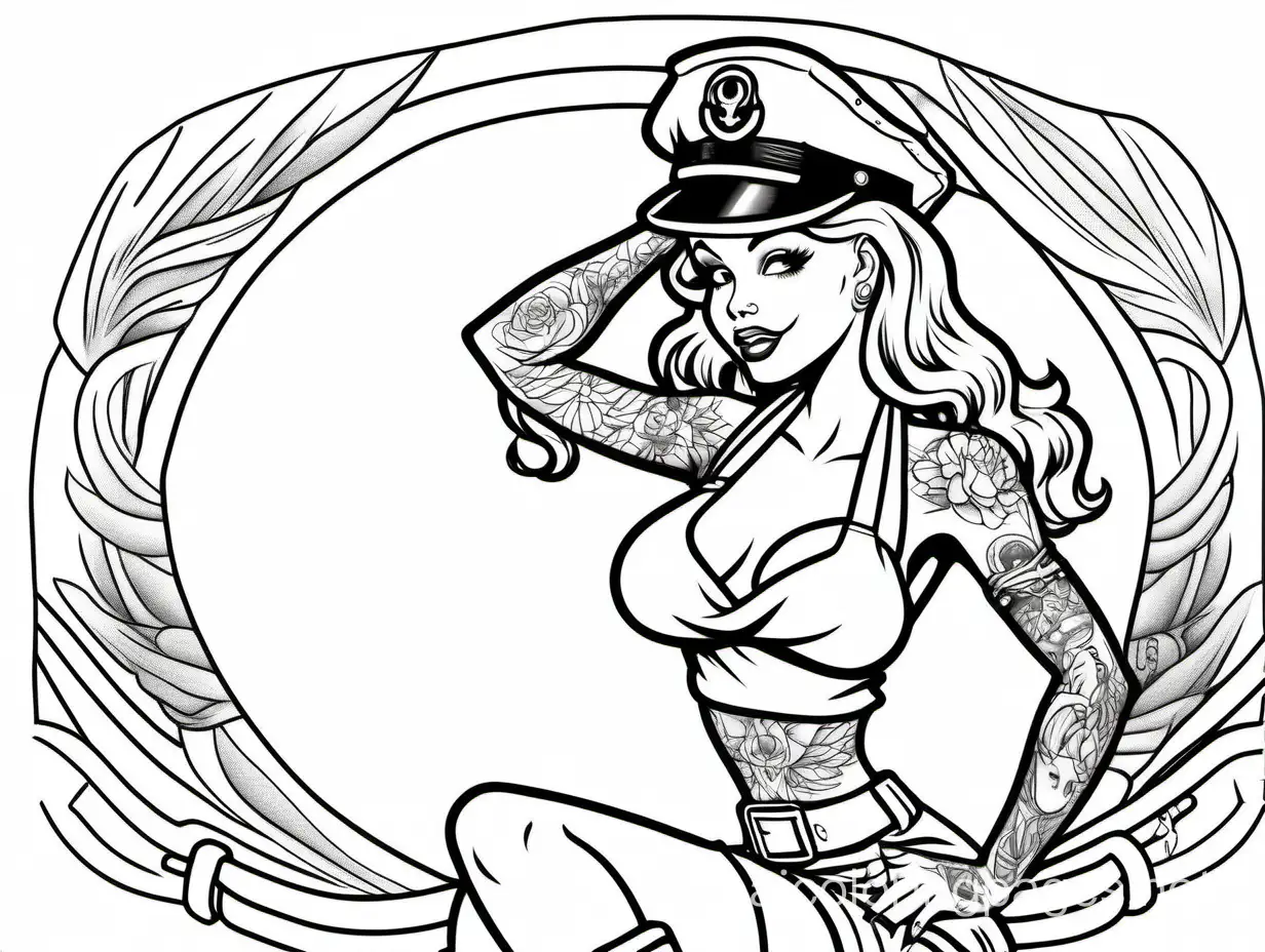 Jerry-Sailor-Pin-Up-Girl-Coloring-Page-with-Tattoos-Black-and-White-Line-Art-on-White-Background