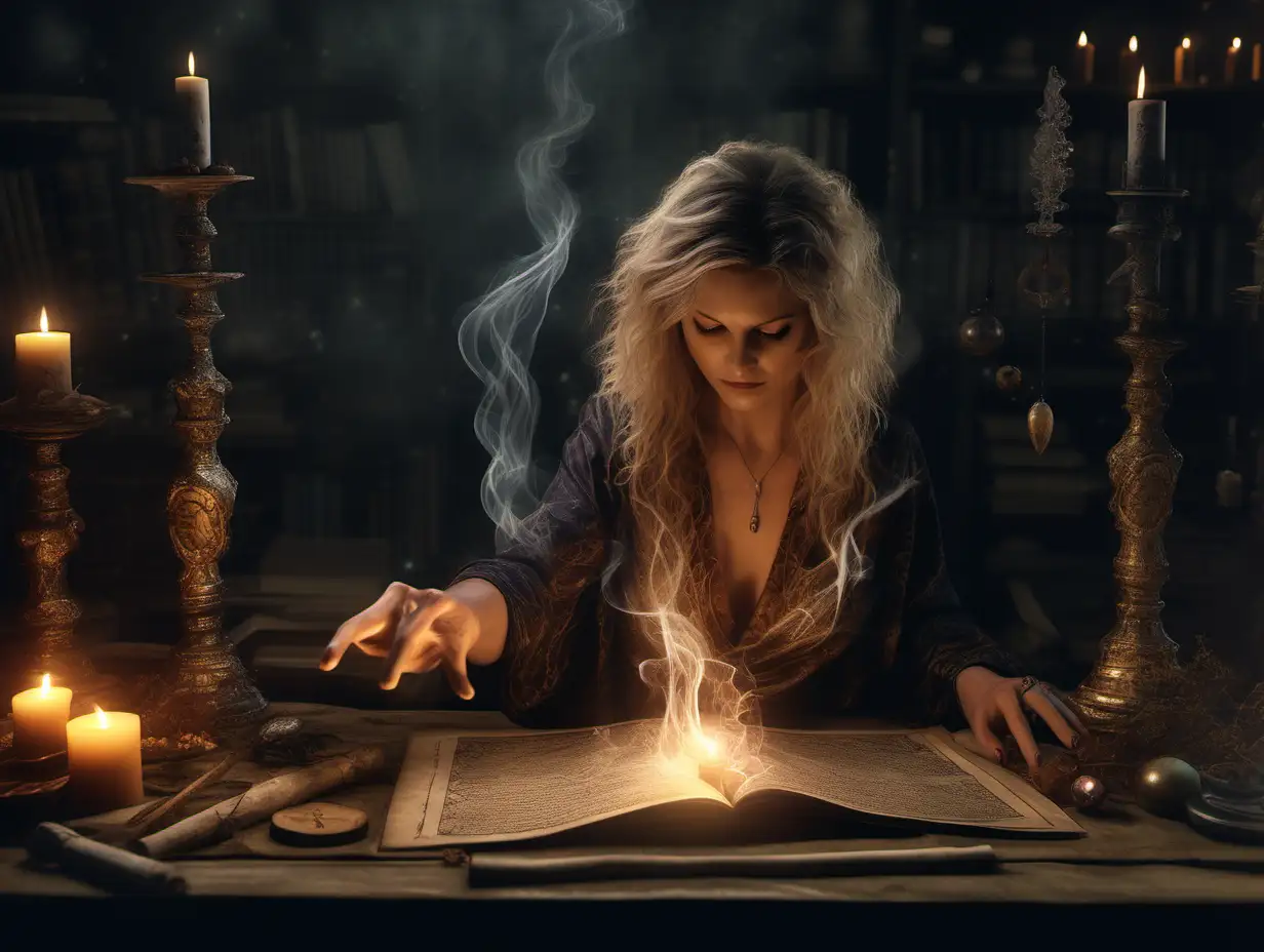 ultra-realistic high resolution and highly detailed image of a woman doing spells and incantations
