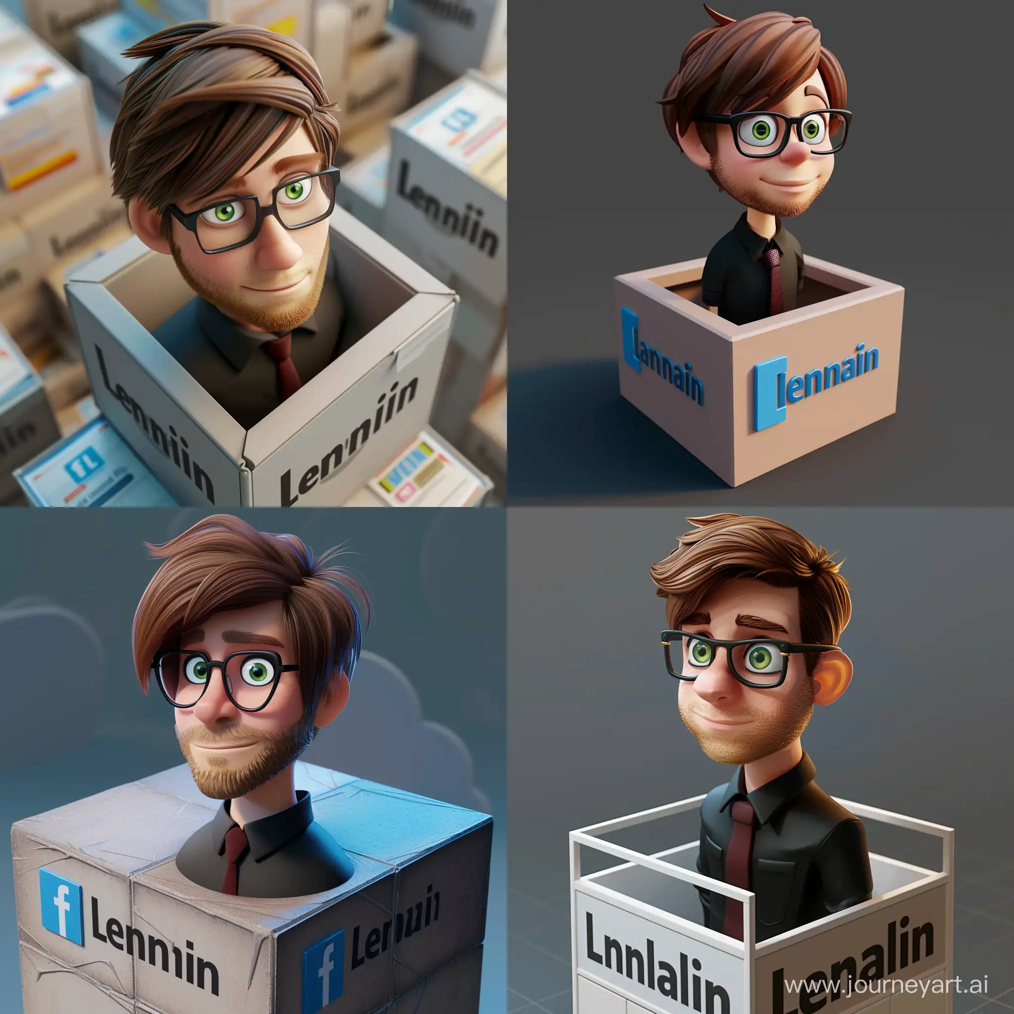 Create a 3d animated man with brown side fringe hair, trimmed beard, green eyes, thin black glasses standing on top of a cubical logo "LinkedIn". The character wears a black collared shirt and dark red tie. The background of the character is a mockup of his LinkedIn profile page with the profile name "Lari Lenhard" and a profile picture the same as the character.