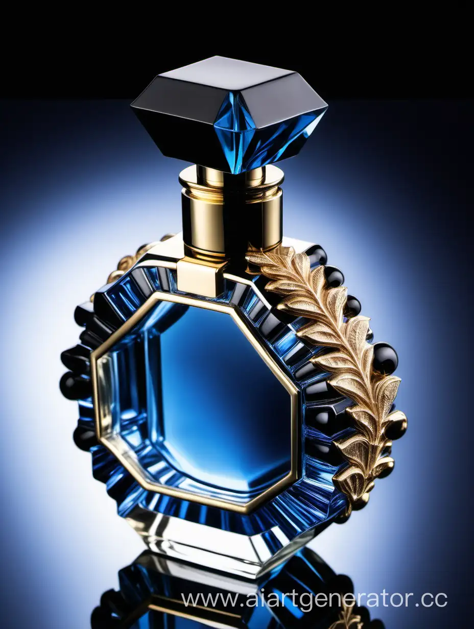 a crystal clear perfume bottle made of blue ,black and gold
transparent