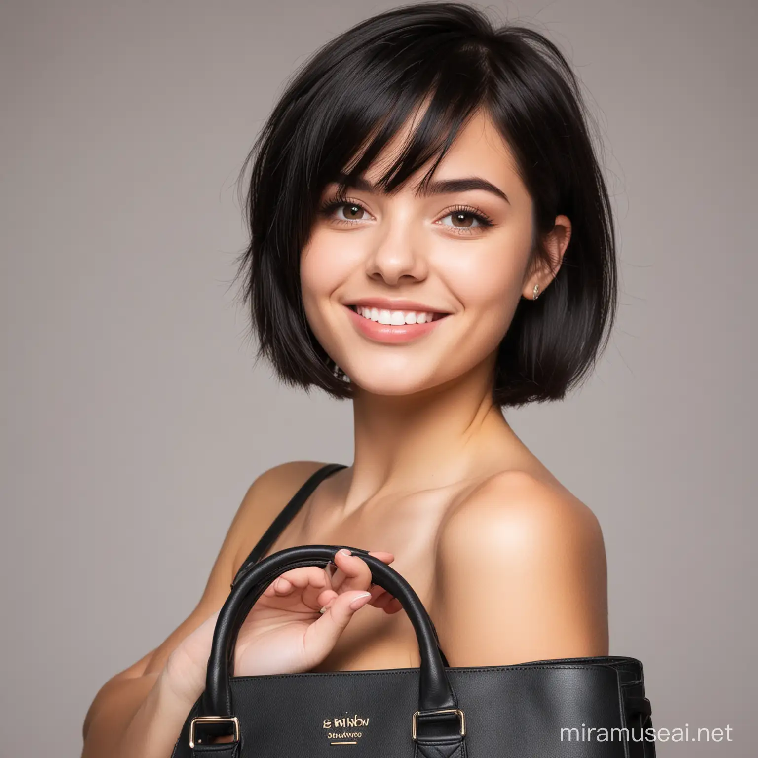 Teen girl, short black straight hair, attractive, smirking, in a handbag, nude