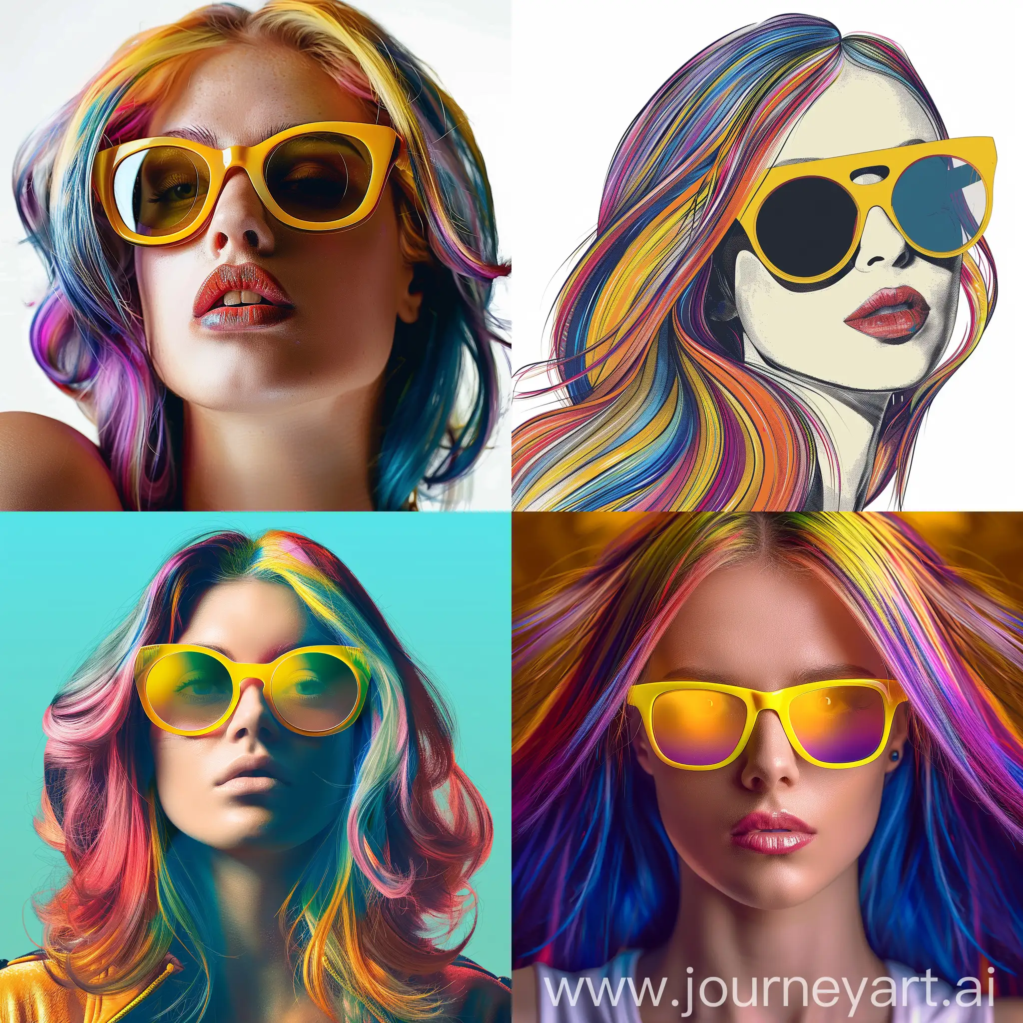 crear una imagen digital de una mujer con el cabello multicolor utilizando unos lentes de sol amarillos