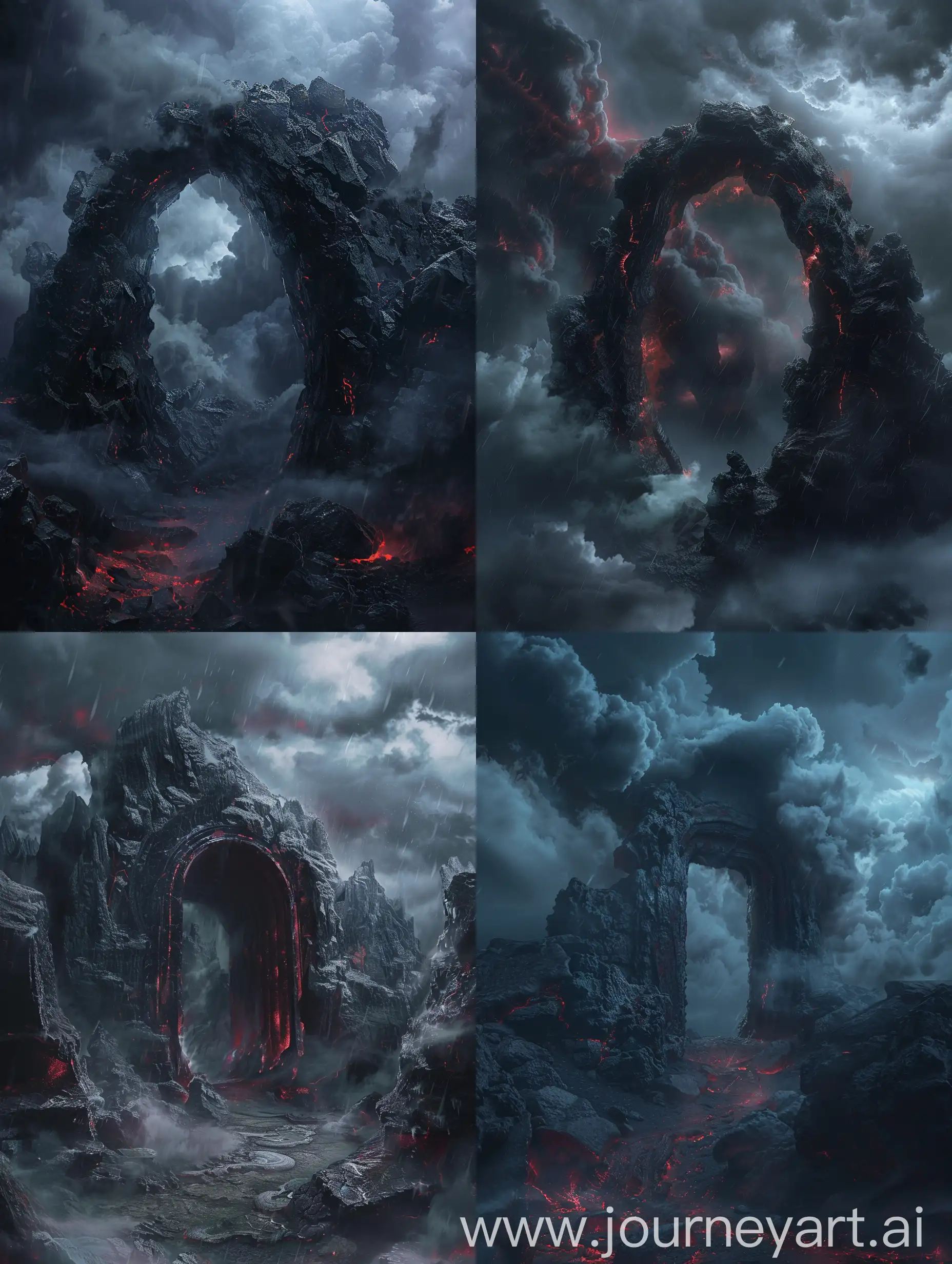 the way to destruction portal,a portal covered with dark rocks,dark and red accents,the portal is in a mysterious place,stormy clouds,create a depth,hyper realistic.