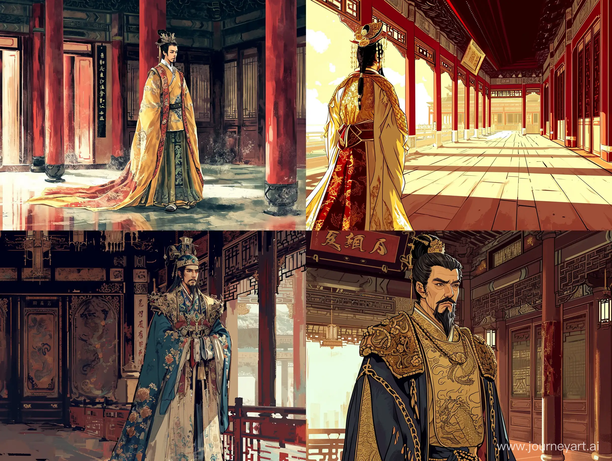 一位权臣，身着华丽，站在宫殿大厅内，中国风，东方美学，水墨画风格，中国古代，二次元，漫画，大师作品，高清。