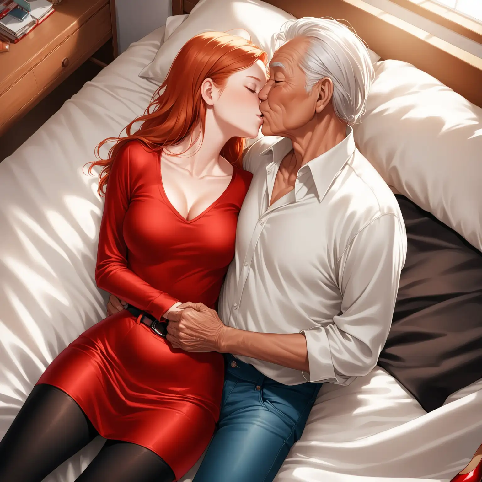 Passionate Elderly Andean Man and Ginny Weasley Embracing in WellLit Bedroom