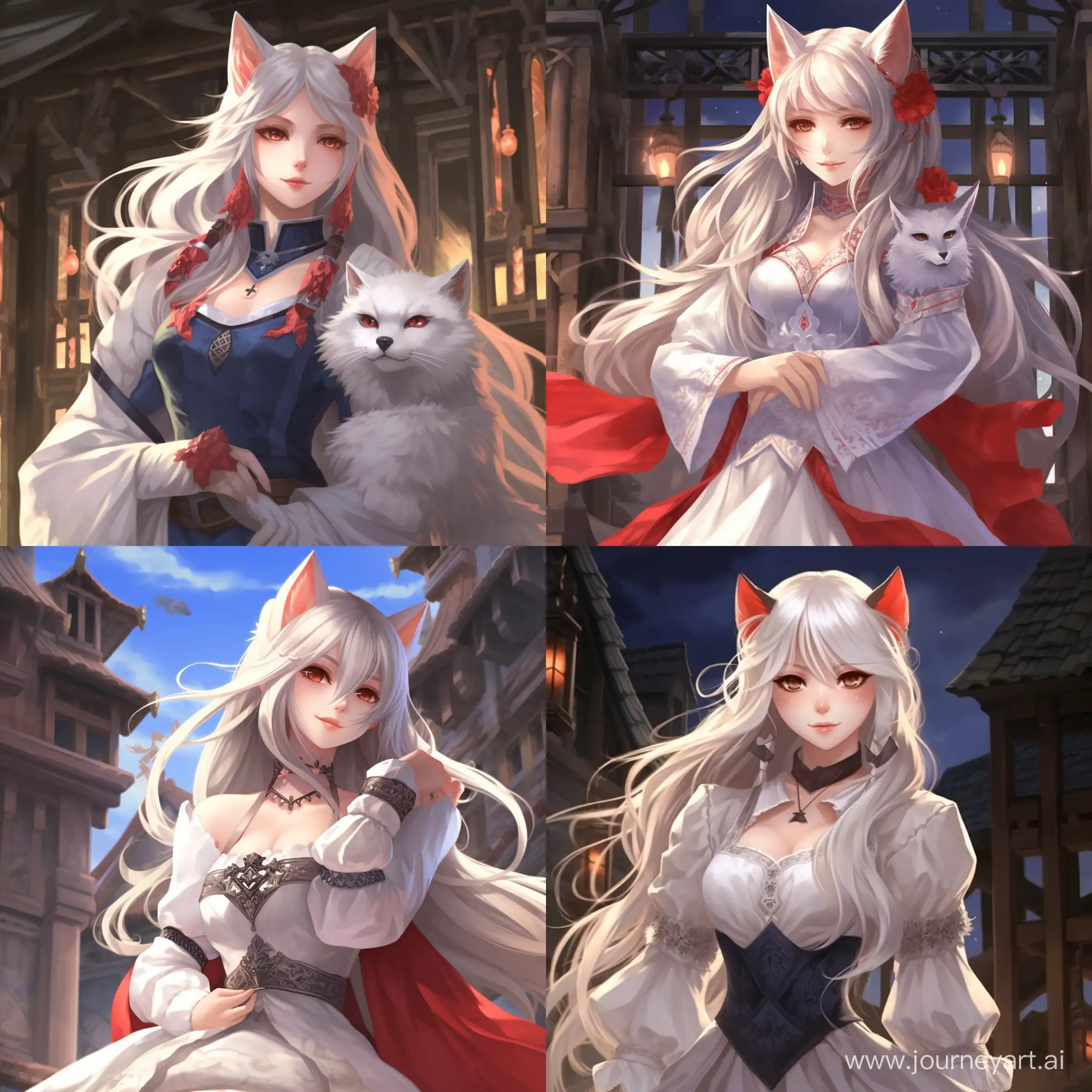 ahri, 1girl, Long hair, red eyes, 独奏,white long dress , Irelia;, looking a viewer, white colored hair, bronya, lips, , foreshortening, symmetric eyes, Cat's pupils, Medieval background ,