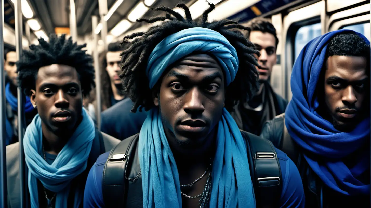 A cinematic scene shot with a Sony cineAlta extreme long shot of a mixed black man with long curly hair in puff with blue scarf wrapped around his head like a shemagh on bart train with 3 friend all dressed up in similar tight fitting blue outfits with cyber punk look. aperture at 1.2. full body angle