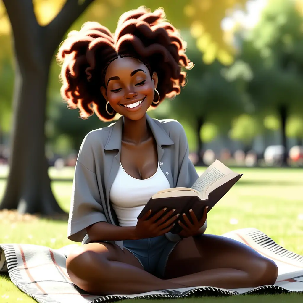 Black woman sitting in the park on a blanket reading a book smiling full body