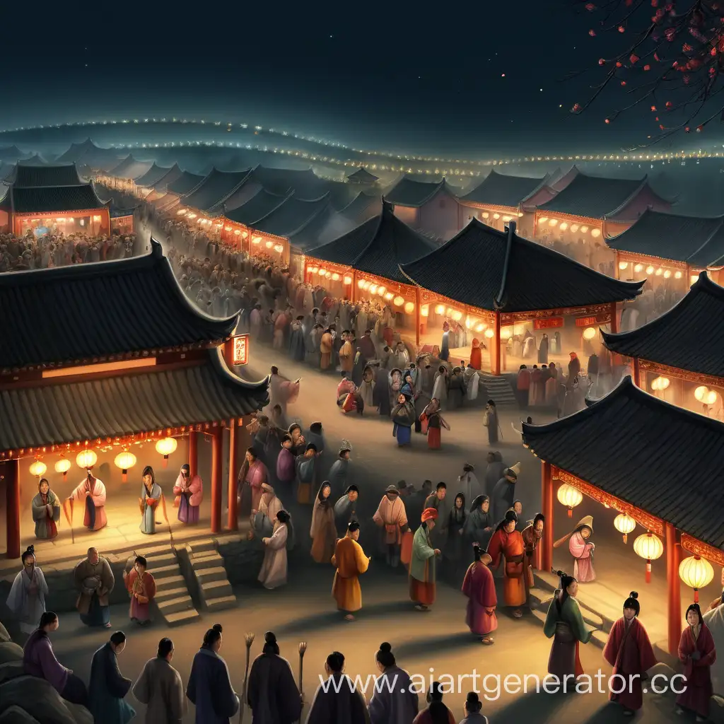 карнавал, древний китай, много людей, ночь , простая деревня, мало фонарей, крестьяне.