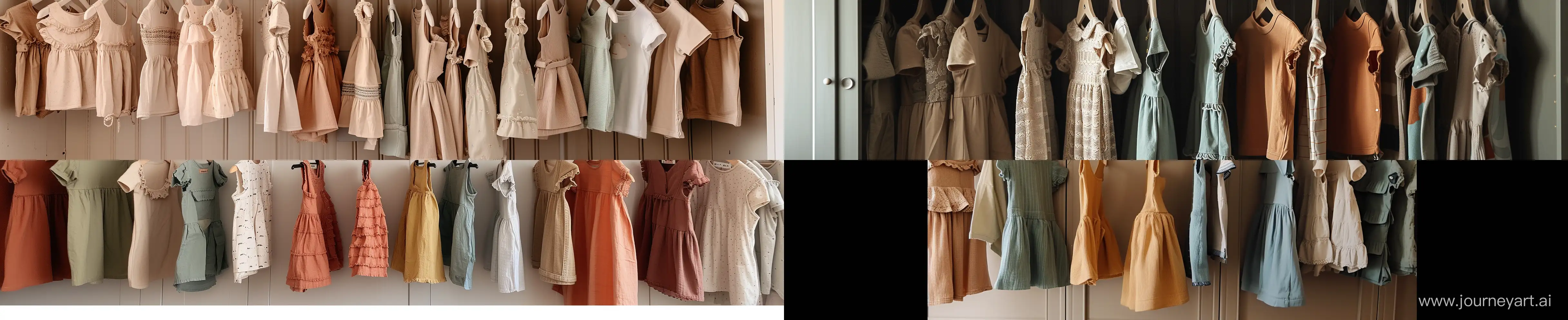 children's clothes hung on hangers in the closet, only the inside of the closet is visible in full width with girls' dresses and boys' short-sleeved tricot sets, earthy color, --aspect 44:9