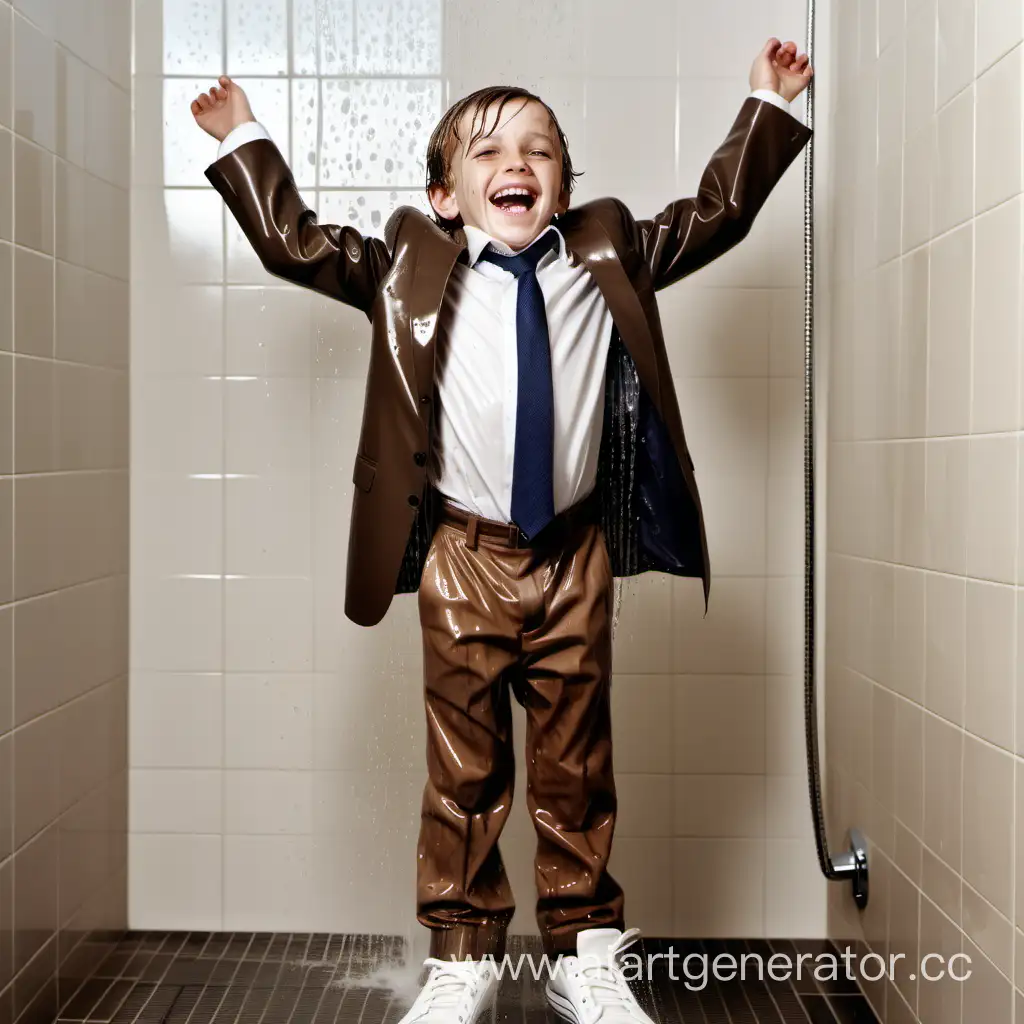 10 year old boy wet shirt, wet brown trousers, suit jacket, sneakers standing in the pouring shower