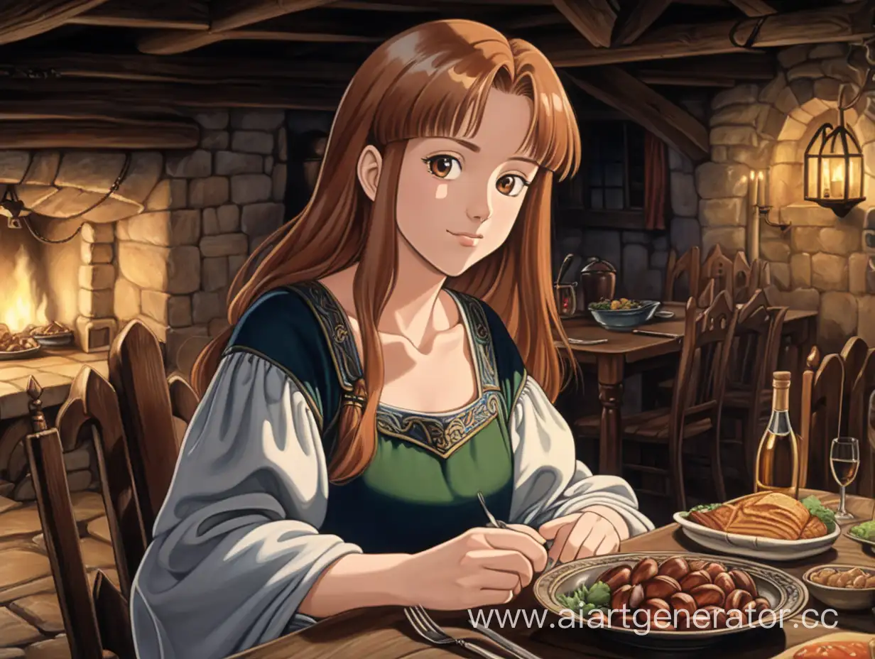 Medieval-Dinner-with-ChestnutHaired-Woman-Nostalgic-90s-Anime-Ambiance