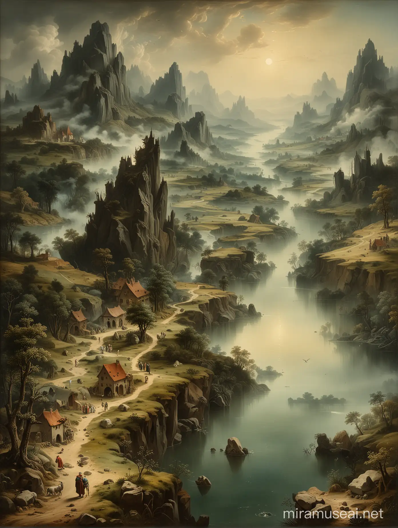 Hyeronimus Bosch paints misterios and misty landscape. A river, mountains, fog.