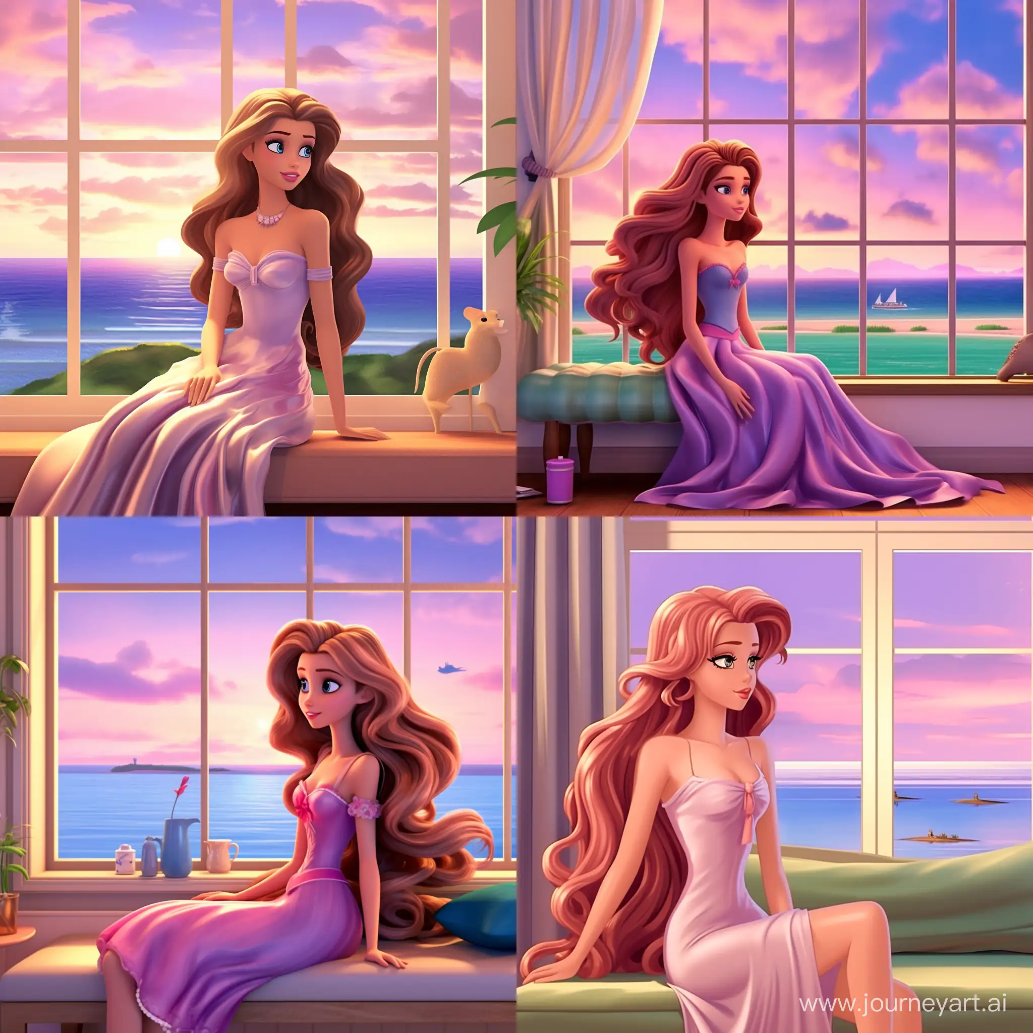 Generate a super realistic girl photomodel, sitting on a window nook on pink and lilac cushions. The window has beige curtains and beautiful summer view over the sea and beach from the window during sunset. The girl is very beautiful with symetric lines, greyish-green eyes, thick elegant eyebrows and beautiful dark chestnut colored hair. She is very innoent and beautiful but also sensual and really photorealistic! She is also holding a louis vuitton bag.