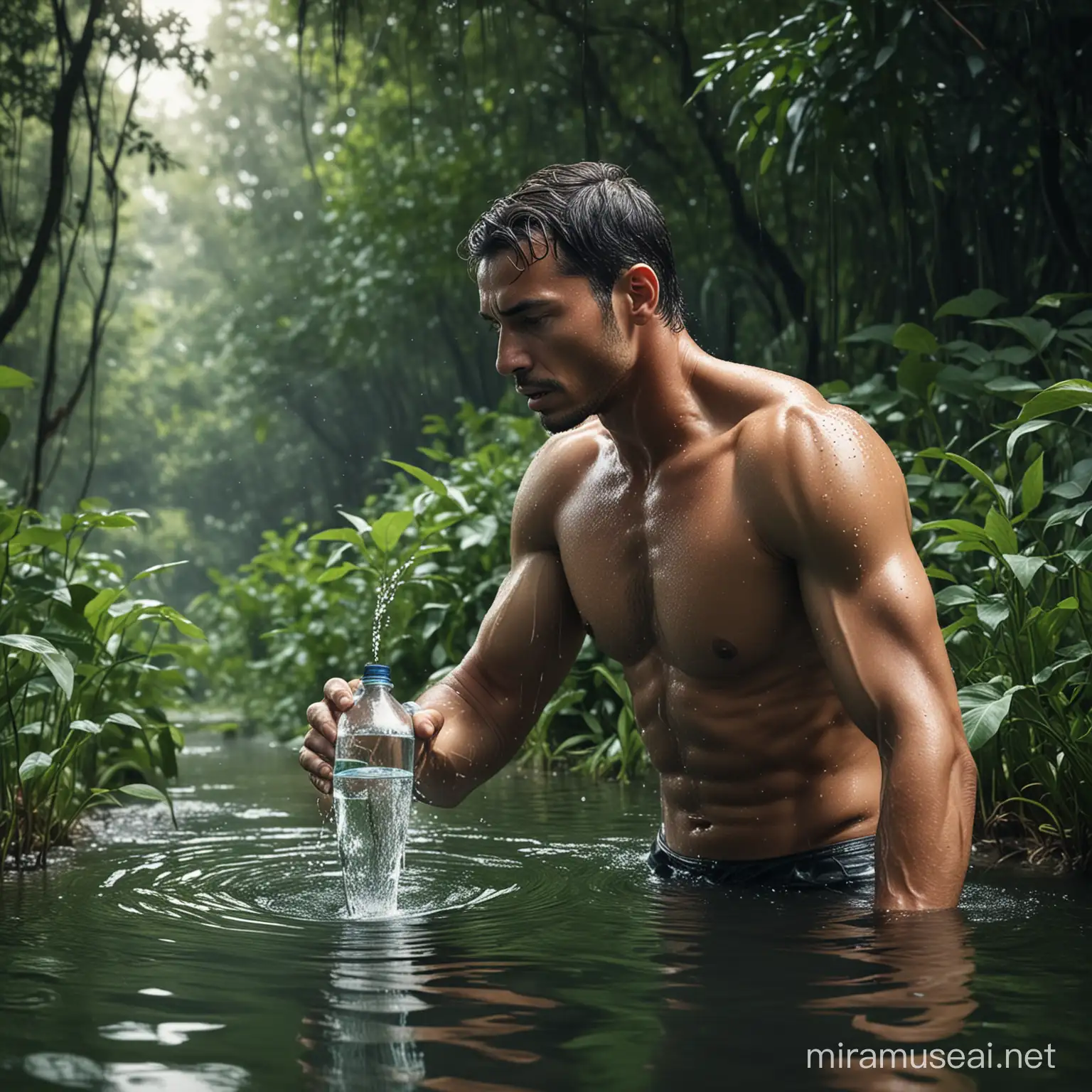 Create an AI-generated image, desperate figure visibly thirsty, hydrated muscled individual amidst lush greenery, symbolizing the promise of guaranteed access to pure water for all. The scene should evoke a powerful narrative of overcoming adversity and the transformative impact of ensuring water security for everyone. drinking water