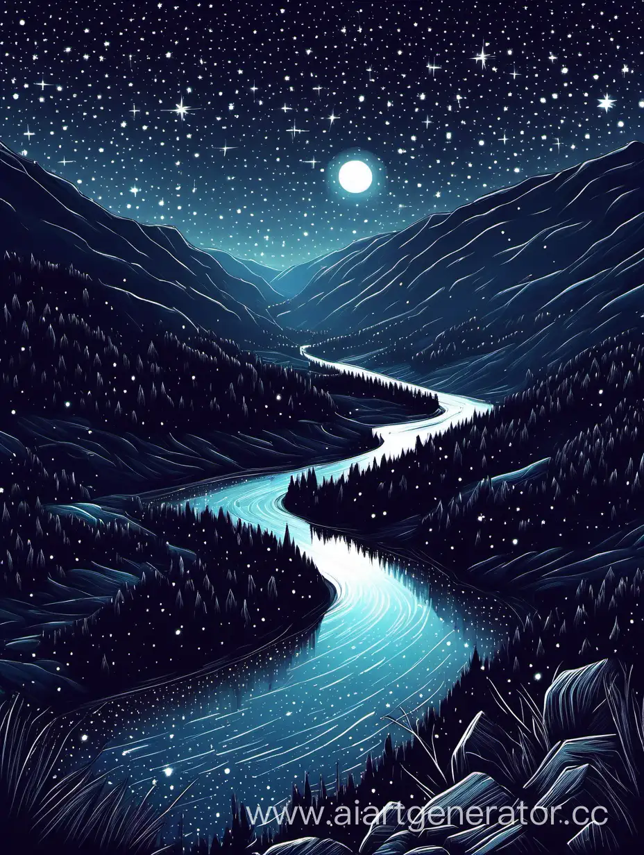 dark valley, night sky with satrs, river