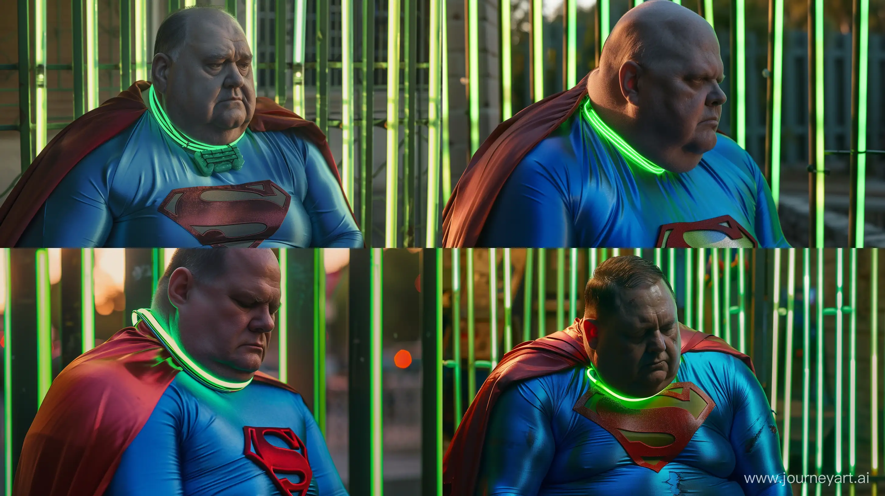 Close-up photo of a fat man aged 60 wearing a silk blue superman tight costume with a large red cape and a tight green glowing neon dog collar looking down. Sitting against green glowing green neon bars. Outside. --style raw --ar 16:9