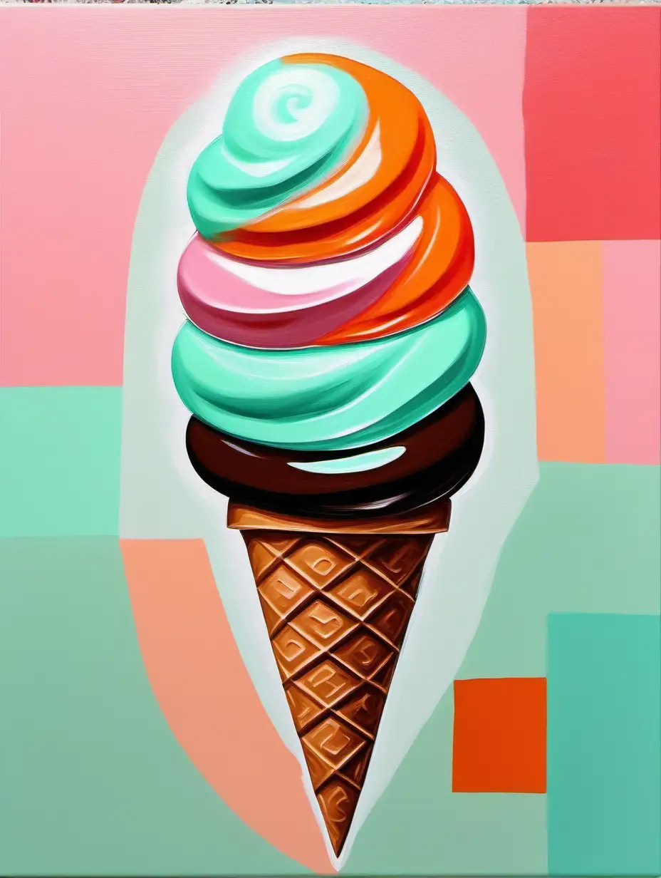 Very Abstract Oil painting, modern geometric Mint chocolate chip ice cream cone, pink and orange palette