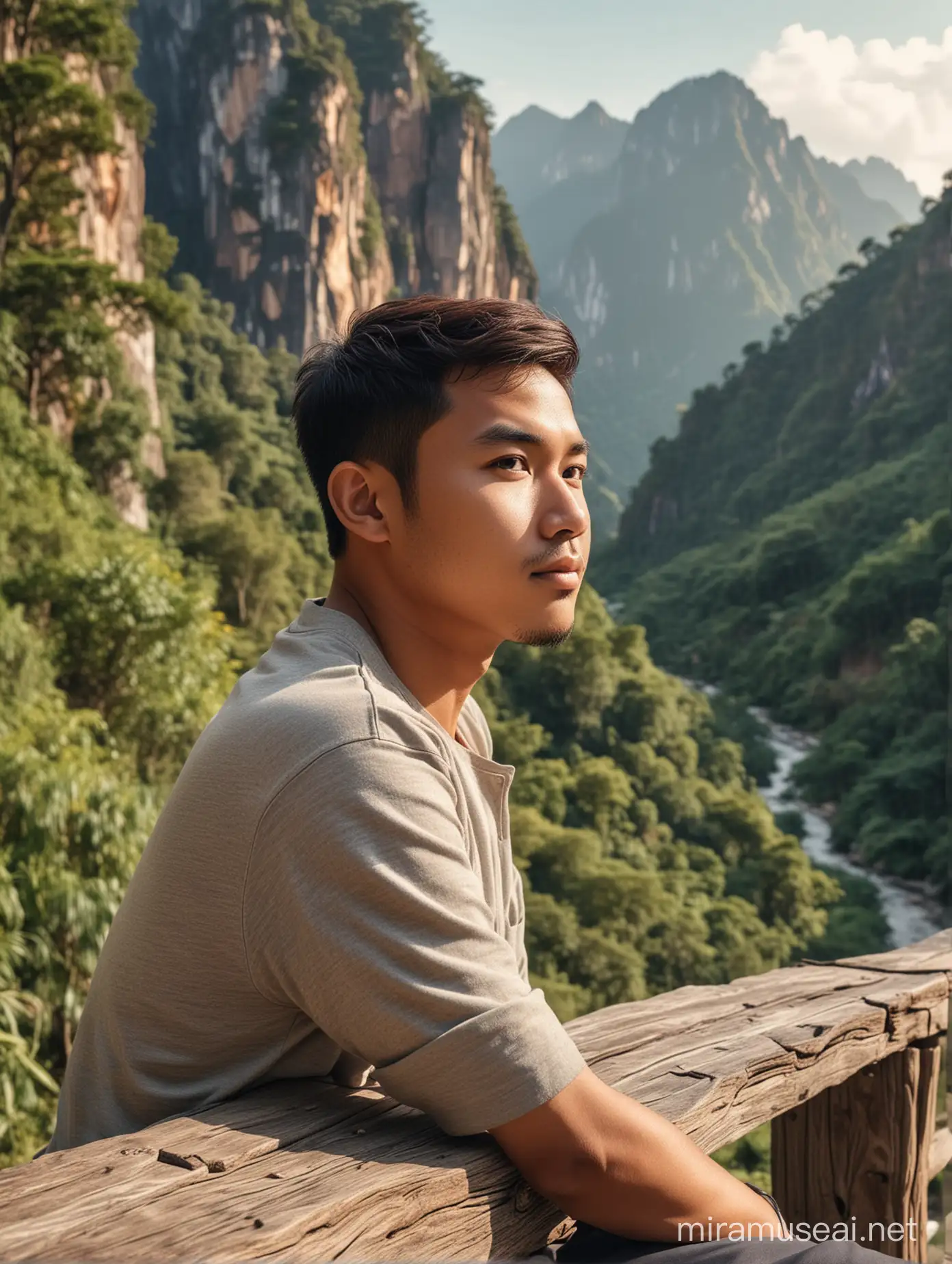 Indonesian Man Relaxing on Mountain Cliff Bench