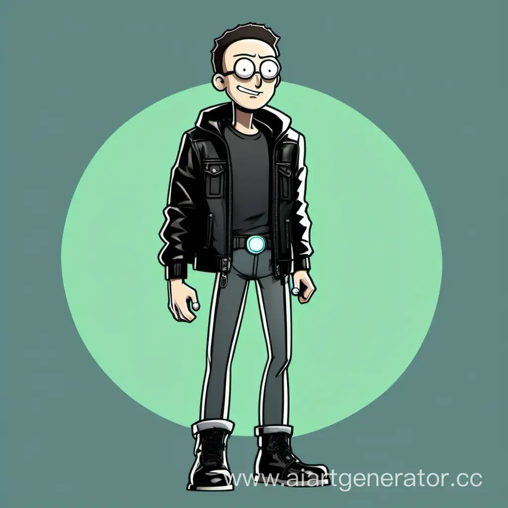 cartoon character, tall guy, athletic build, black leather clothes, boots, black short hair, charismatic smile, black glasses, Rick and Morty style