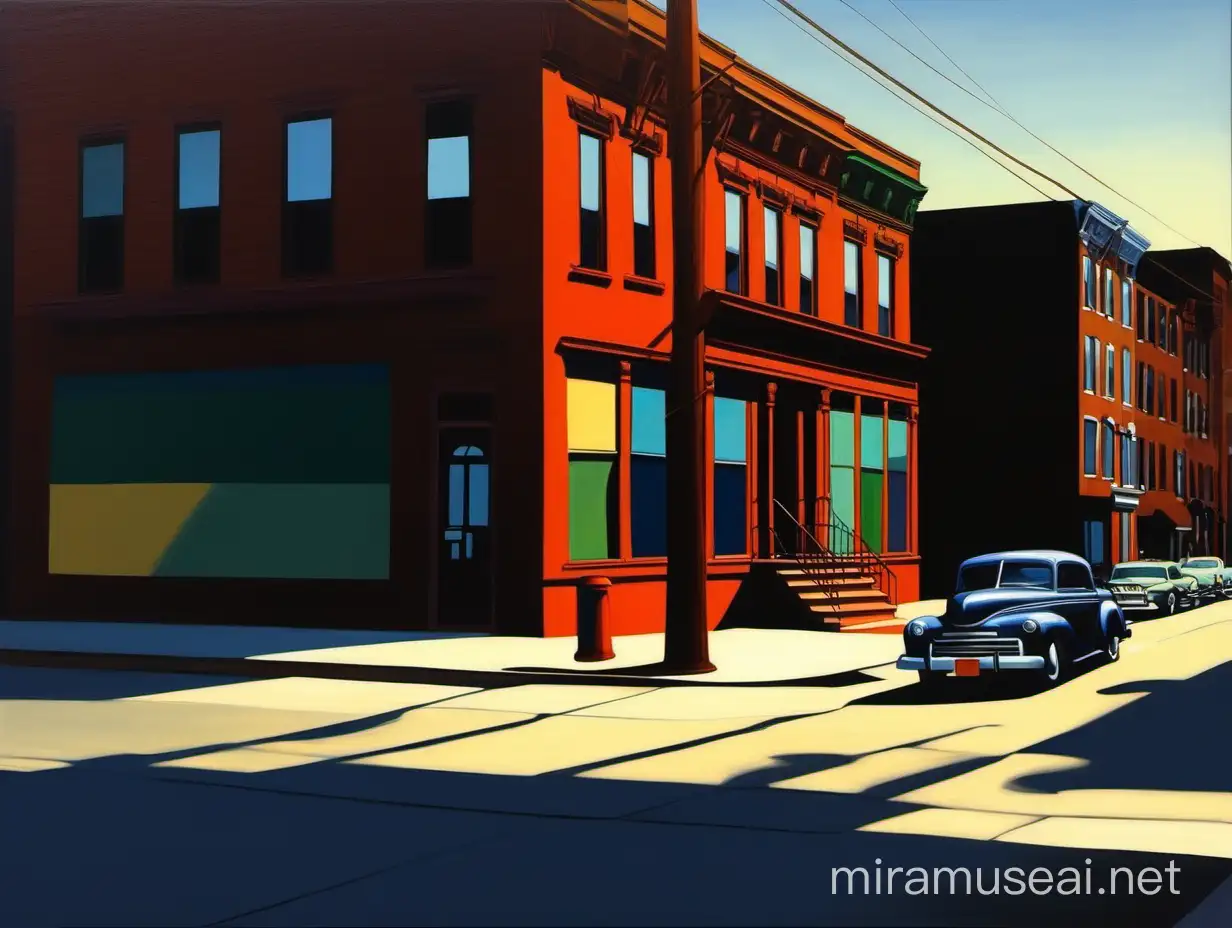 deserted Brooklyn street in New York City, a few cars, lots of color and shadows in the style of Edward Hopper and Kenton Nelson
