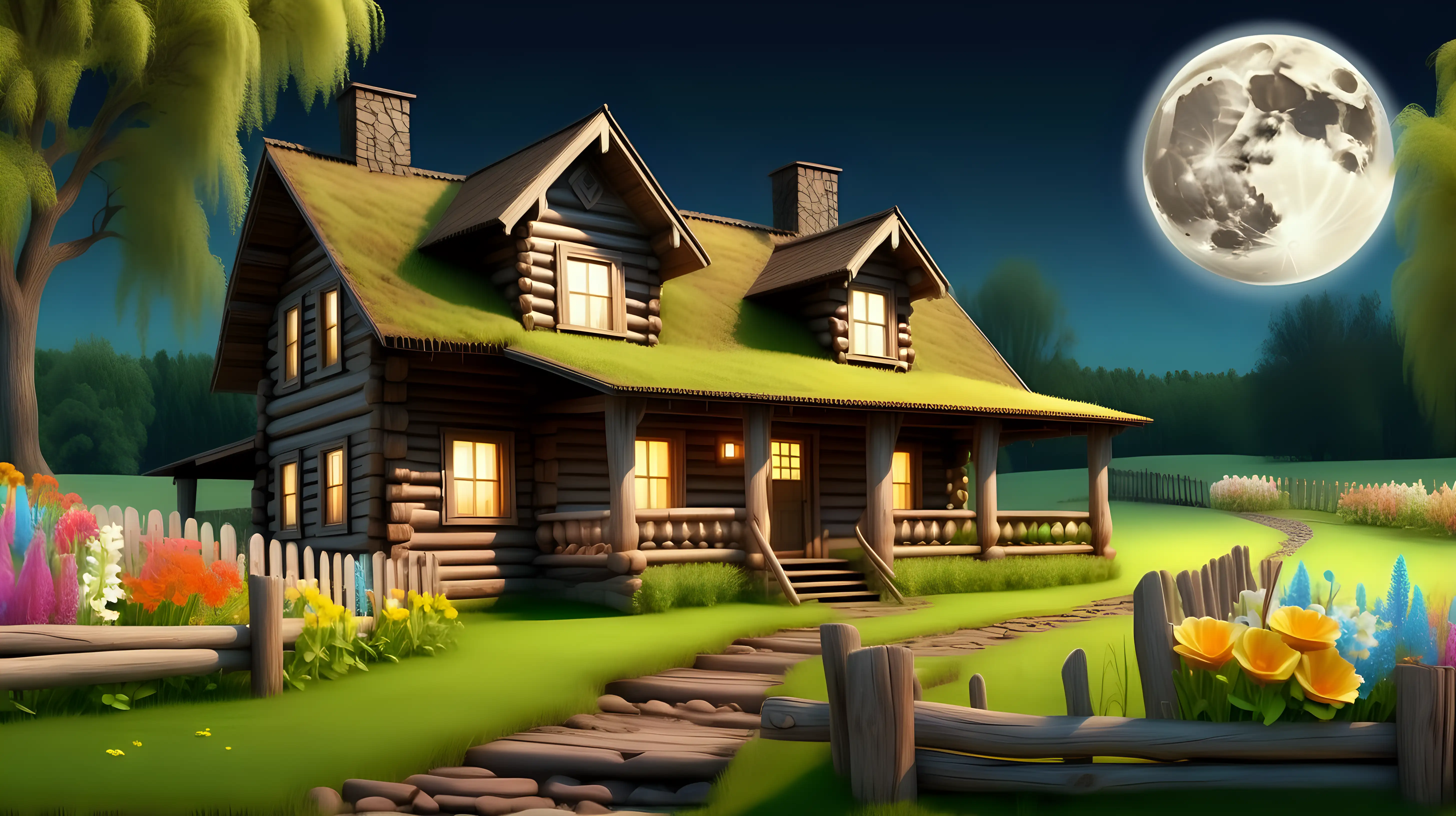 Enchanting Night at a Quaint Wooden Cottage with Moonlight Glow
