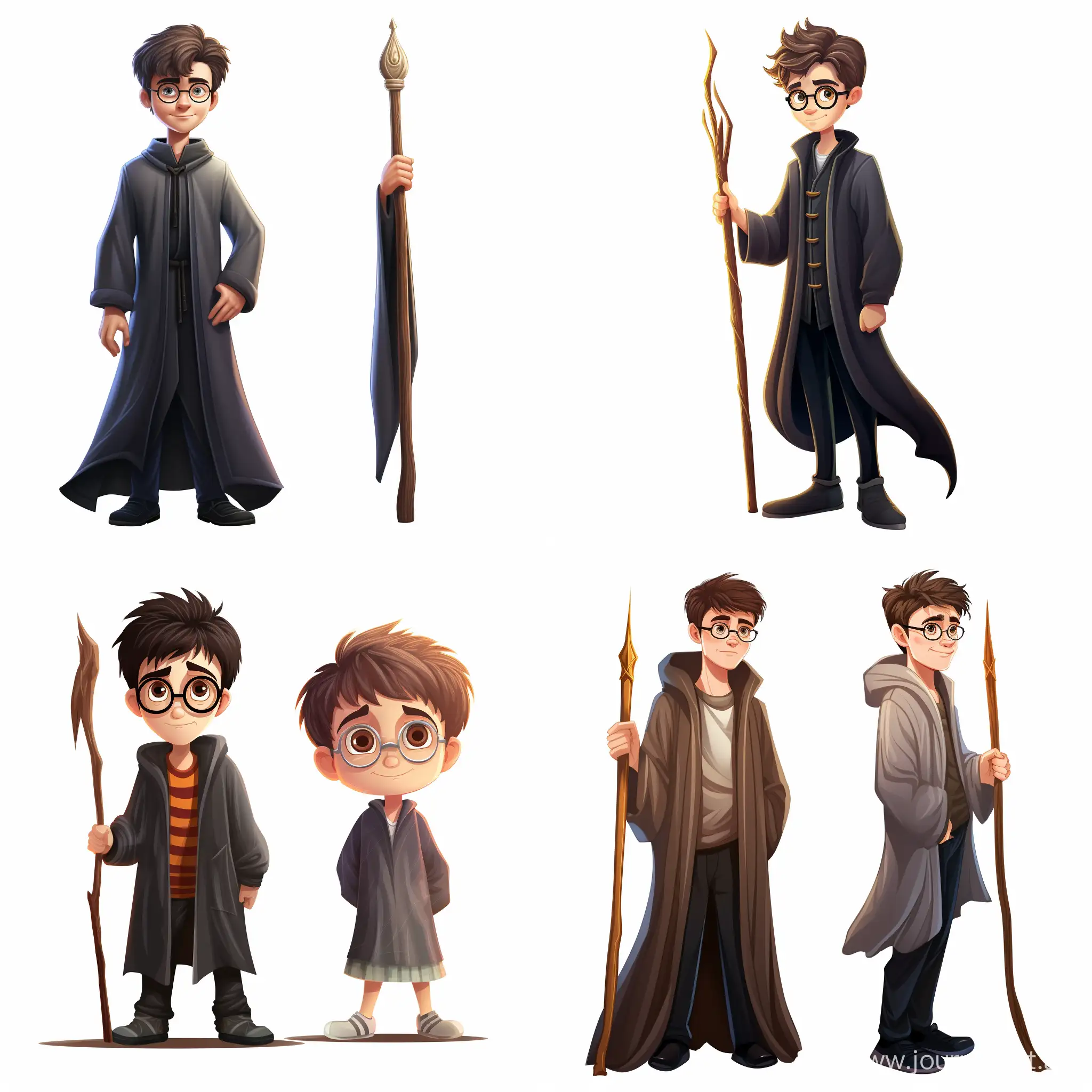 Harry Potter, next to separately stands Young Radcliffe wearing a robe and holding a wand, with a broomstick standing next to him, on a white background, cartoon style, illustration 