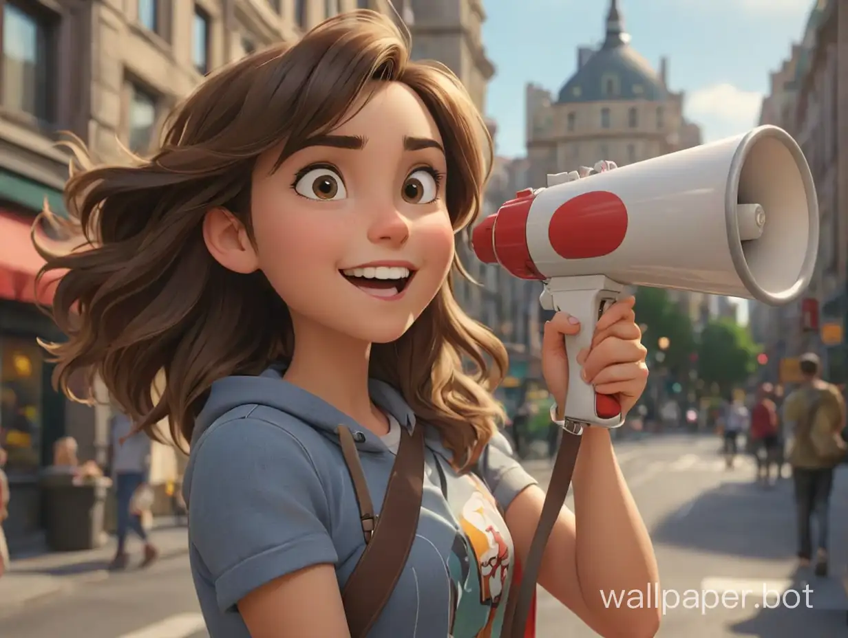 cheerful girl, holding a megaphone, she's on the lookout, in the city, realistic animation
