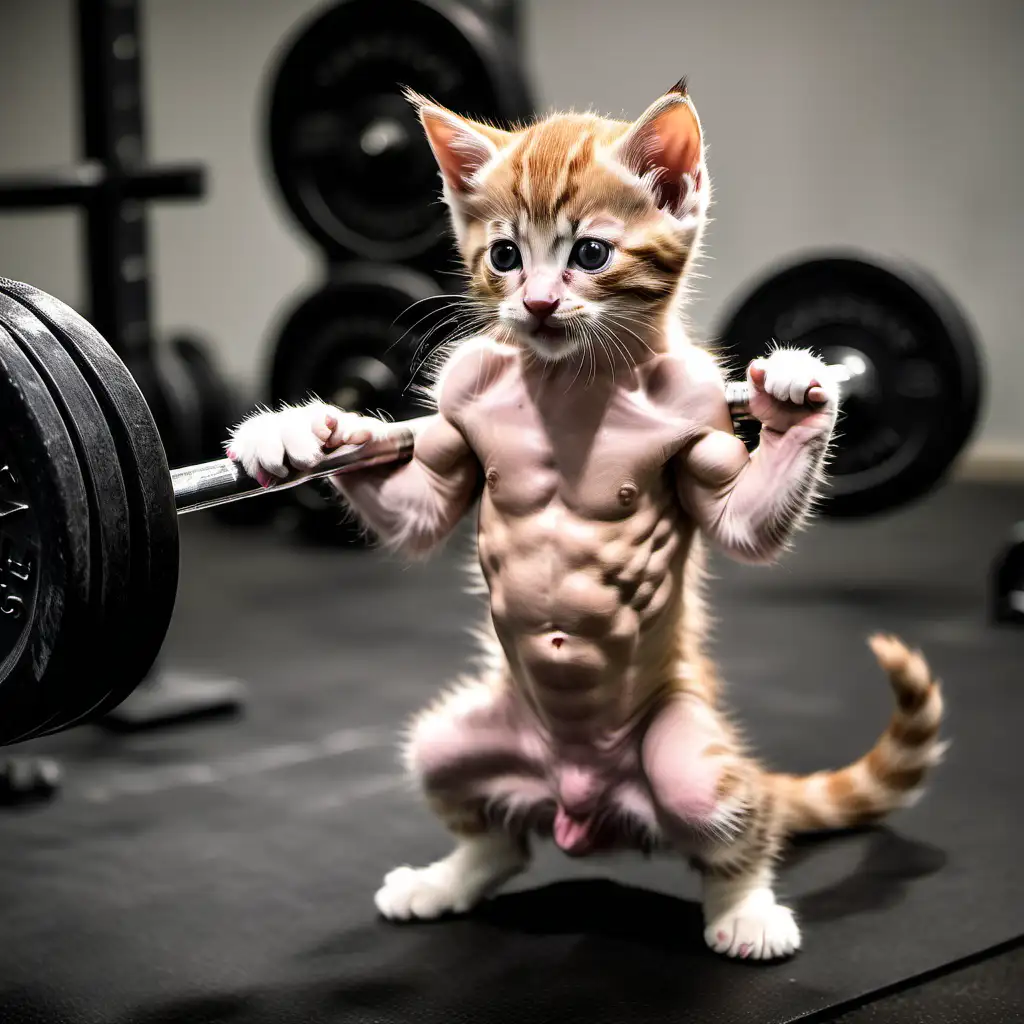 Kitten with muscles at the crossfit  gym 

