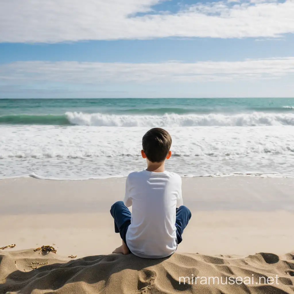 Um menino branco,de cabelos pretos,10 anos,sentado na praia,de costas,olhando pro oceano, 