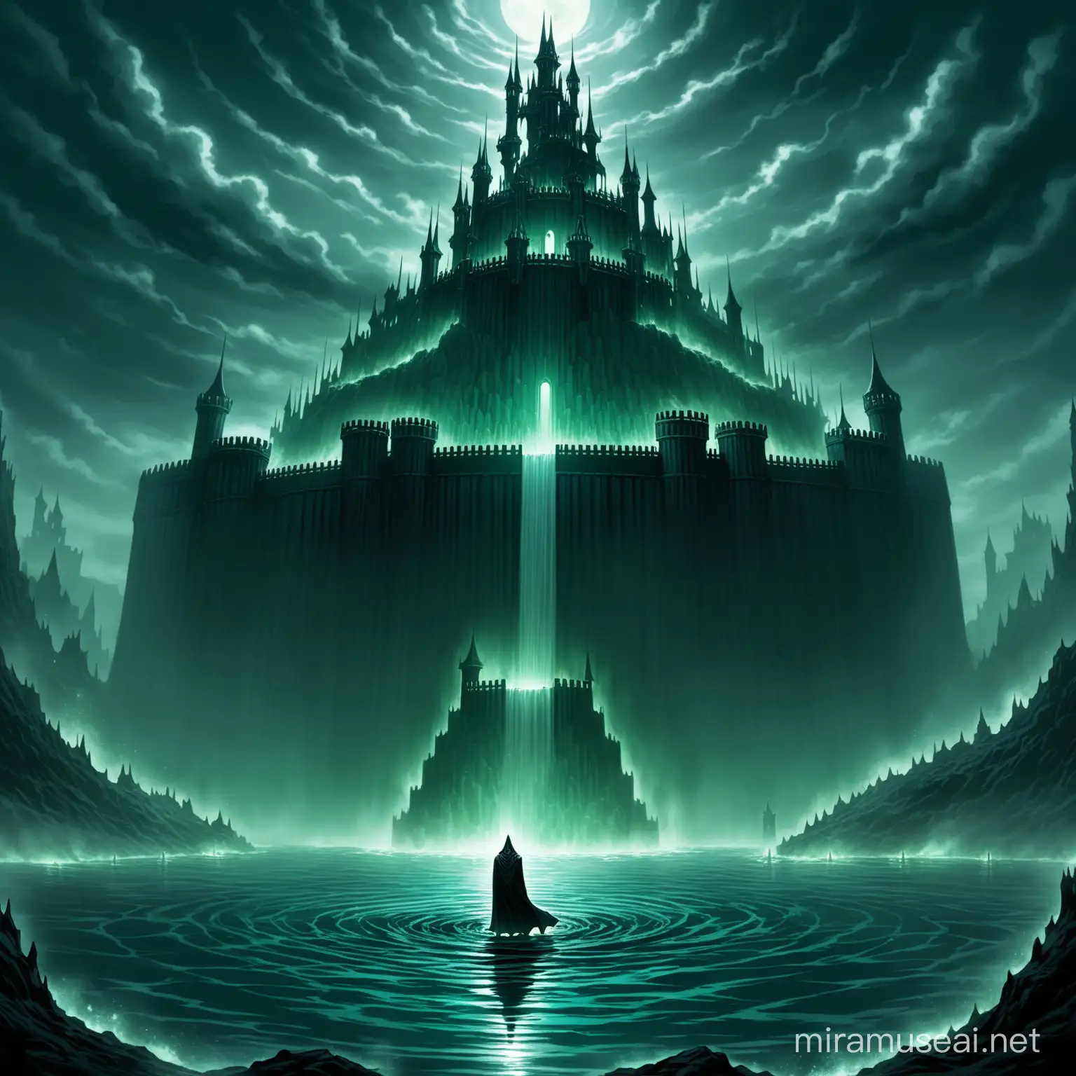 Underworld,, dark, gloomy, characters allowed, castle structure rising, osiris rising from the water, scary, 

