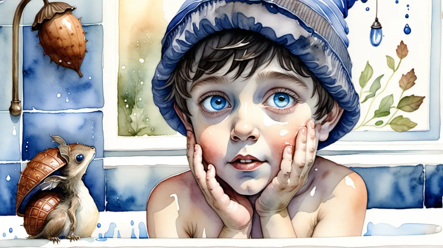 A watercolor painting of a young dark haired boy pixie with blue eyes wearing a brown acorn hat washing his face in a fairy bathroom







