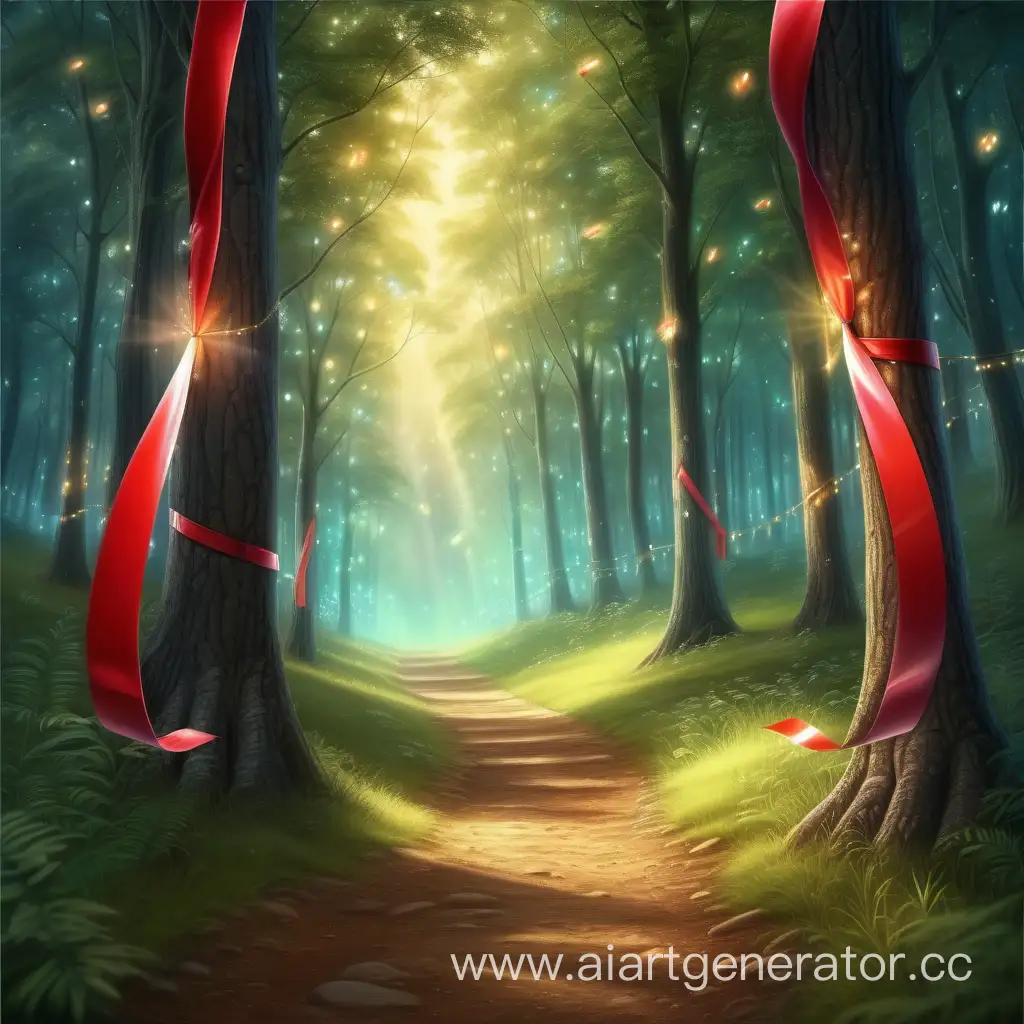 Fabulous, sunny, warm, magical forest, realistic trees with a path stretching into the distance, a red ribbon passes between the trees, lights, fireflies, high detail