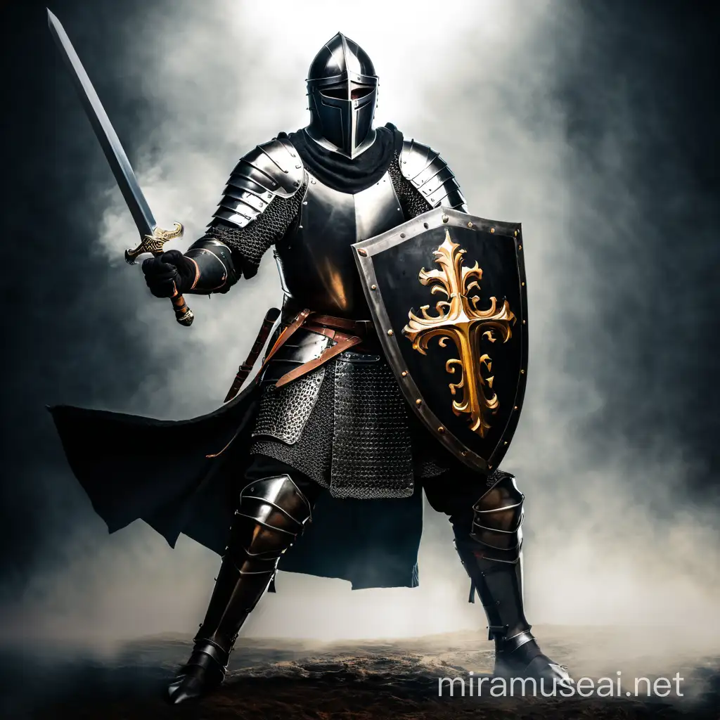 caballero medieval epico usando una armadura negra blandiendo una espada y sosteniendo un escudo en posicion de ataque