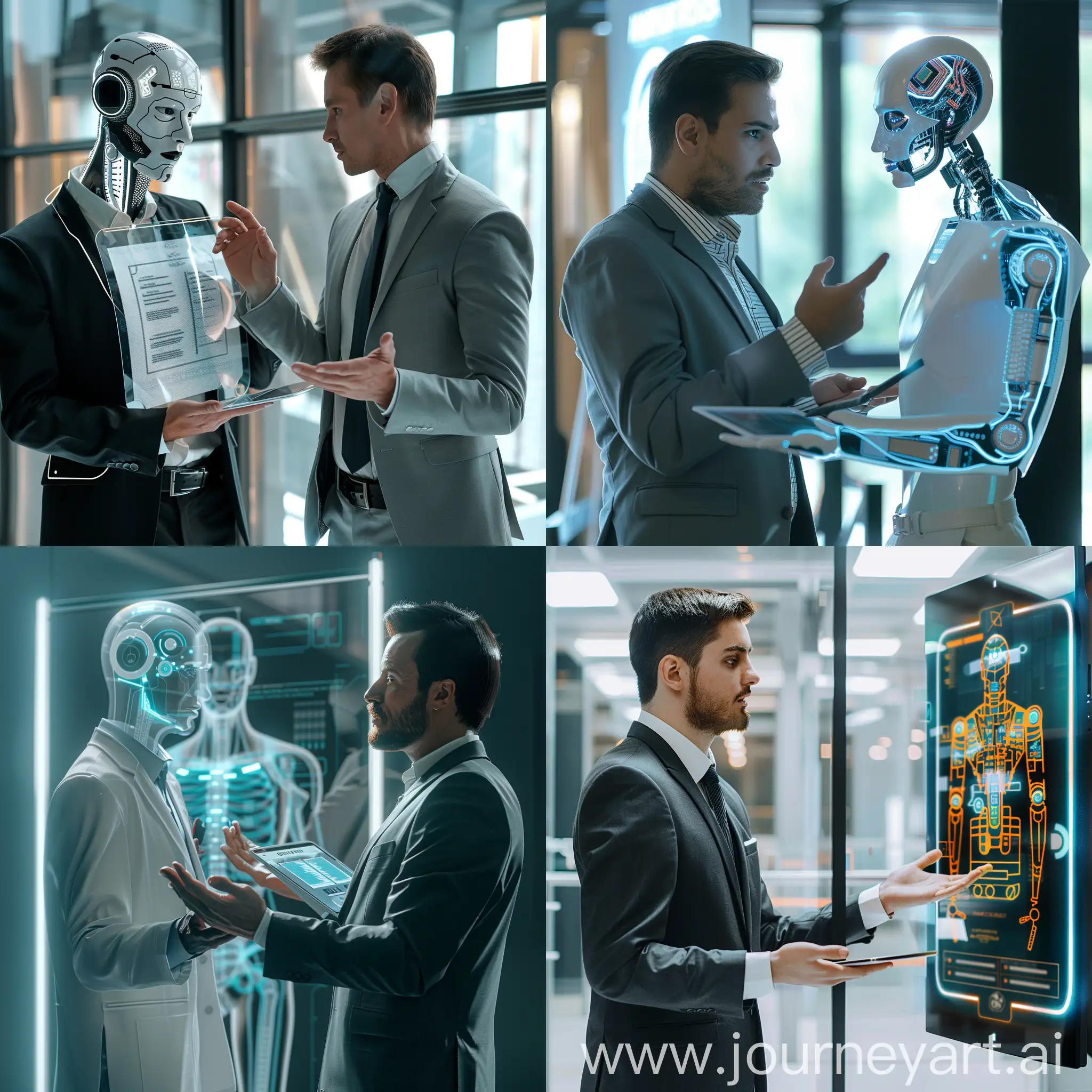 A modern AI personal assistant is assisting a manager with his agenda and meeting speech. The AI appears as a sleek, futuristic interface, possibly displayed on a tablet or a holographic screen. The manager, dressed in professional attire, is engaged in conversation with the AI assistant.